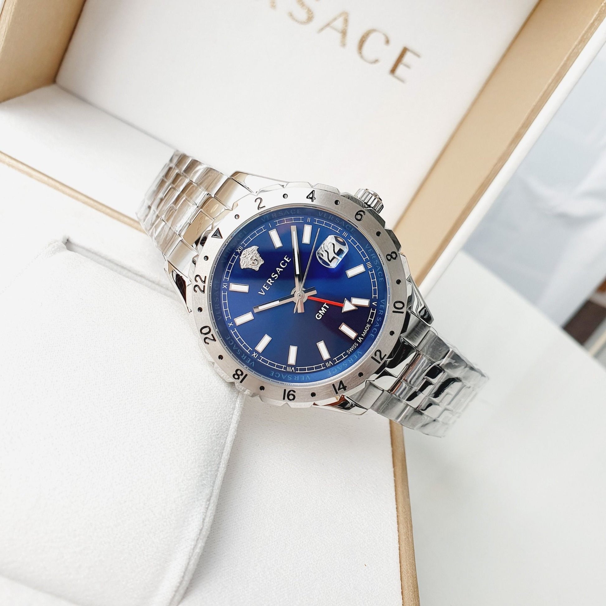  Shop Authentic Versace Hellenyium GMT Blue Dial Silver Steel Strap Watch for Men - V11010015 - Luxxuri