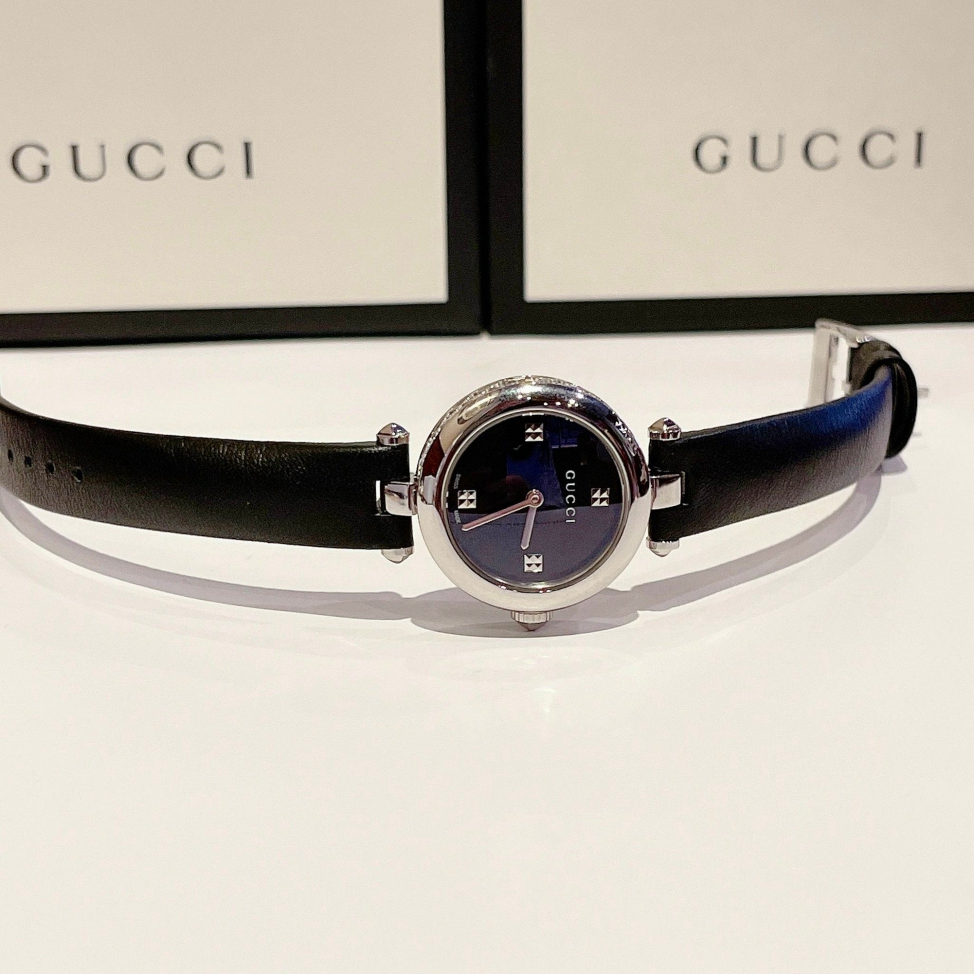  Shop Authentic Gucci Diamantissima Quartz Diamonds Black Dial Black Leather Strap Watch for Women - YA141506 - Luxxuri
