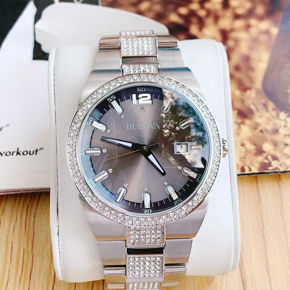  Shop Authentic Bulova Crystal Collection Brown Dial Silver Steel Strap Watch for Men - 96B221 - Luxxuri