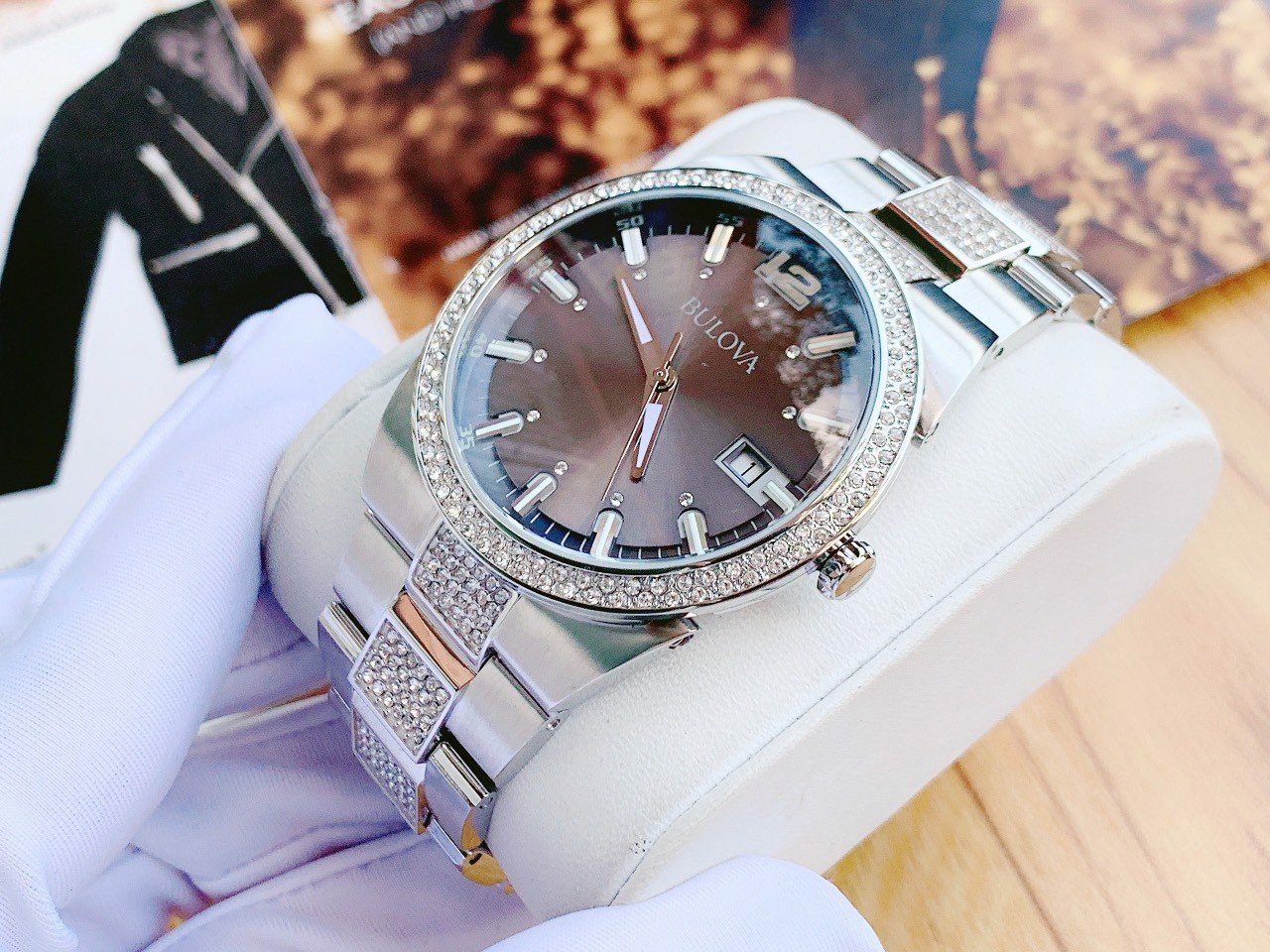  Shop Authentic Bulova Crystal Collection Brown Dial Silver Steel Strap Watch for Men - 96B221 - Luxxuri