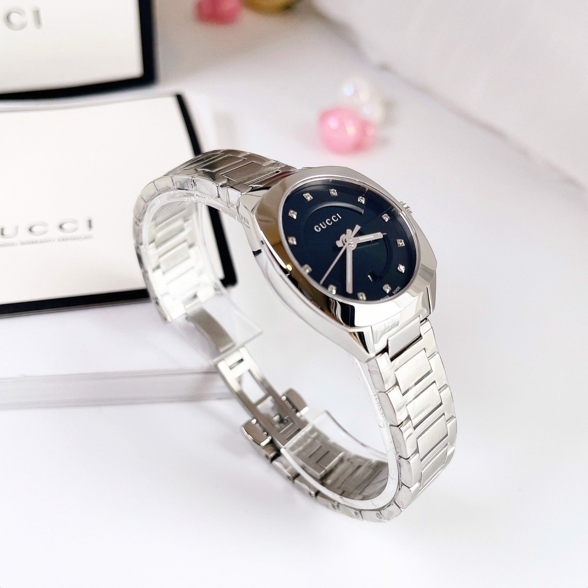  Shop Authentic Gucci GG2570 Diamonds Black Dial Silver Steel Strap Watch For Women - YA142404 - Luxxuri