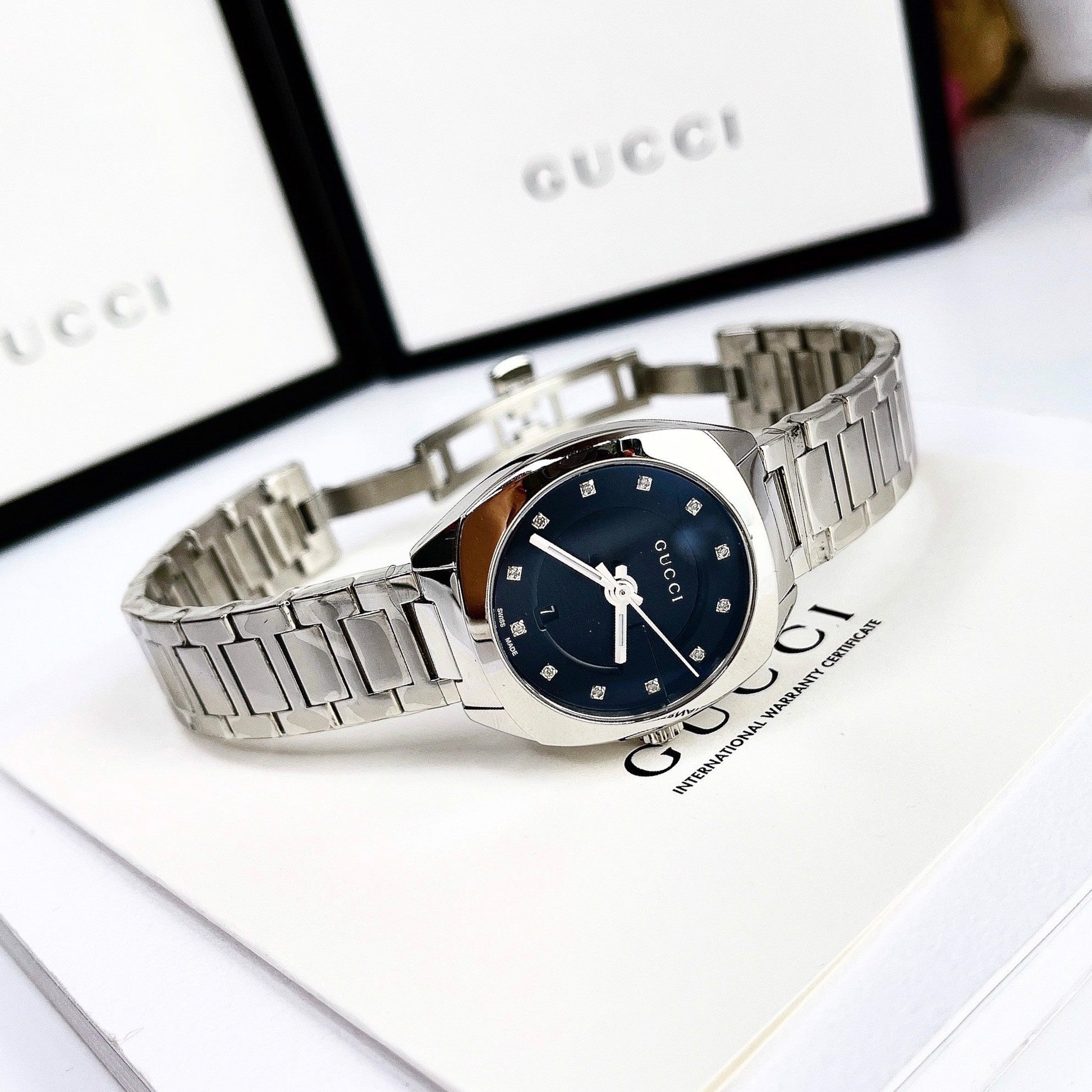  Shop Authentic Gucci GG2570 Diamonds Black Dial Silver Steel Strap Watch For Women - YA142404 - Luxxuri