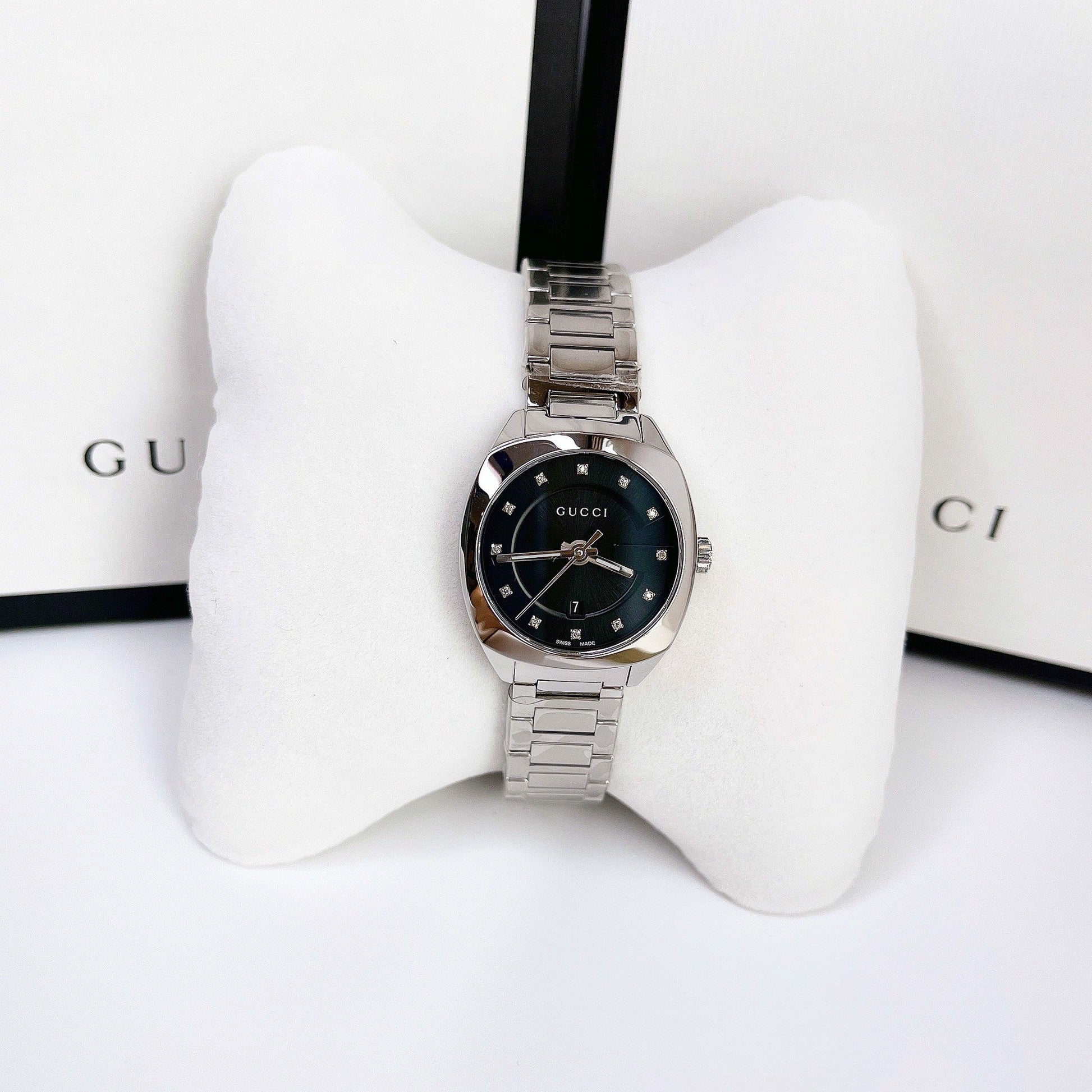  Shop Authentic Gucci GG2570 Diamonds Black Dial Silver Steel Strap Watch For Women - YA142404 - Luxxuri