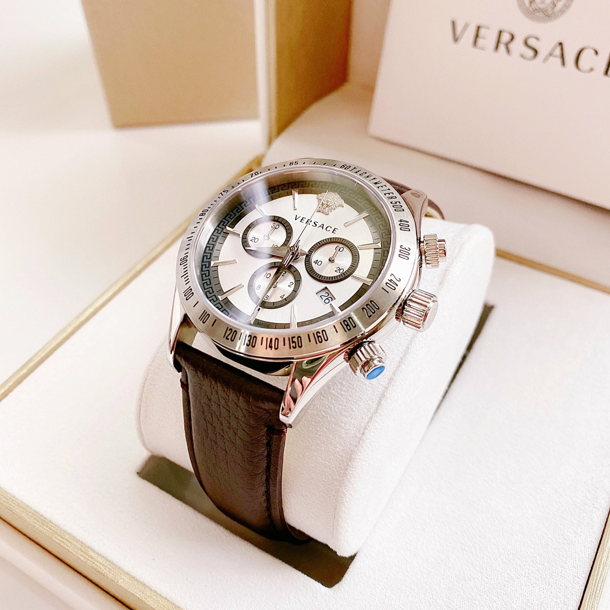  Shop Authentic Versace Classic Chronograph Quartz Silver Dial Brown Leather Strap Watch For Men - VEV700119 - Luxxuri