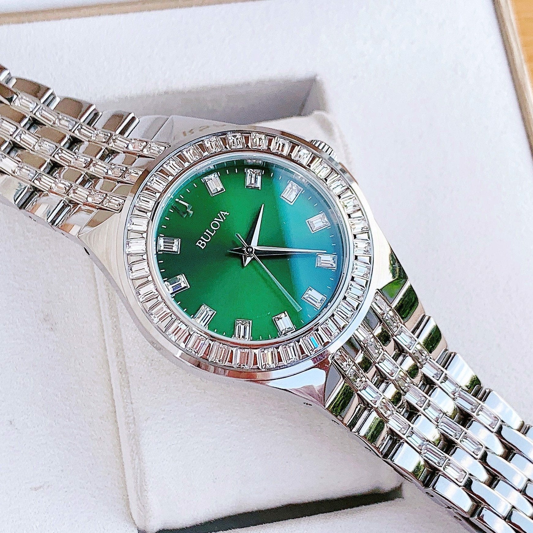  Shop Authentic Bulova Phantom Classic Baguette Green Dial Silver Steel Strap Watch for Men - 96A253 - Luxxuri