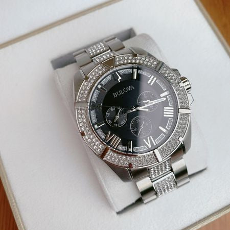  Shop Authentic Bulova Crystal Collection Chronograph Black Dial Two Tone Steel Strap Watch for Men - 96C126 - Luxxuri