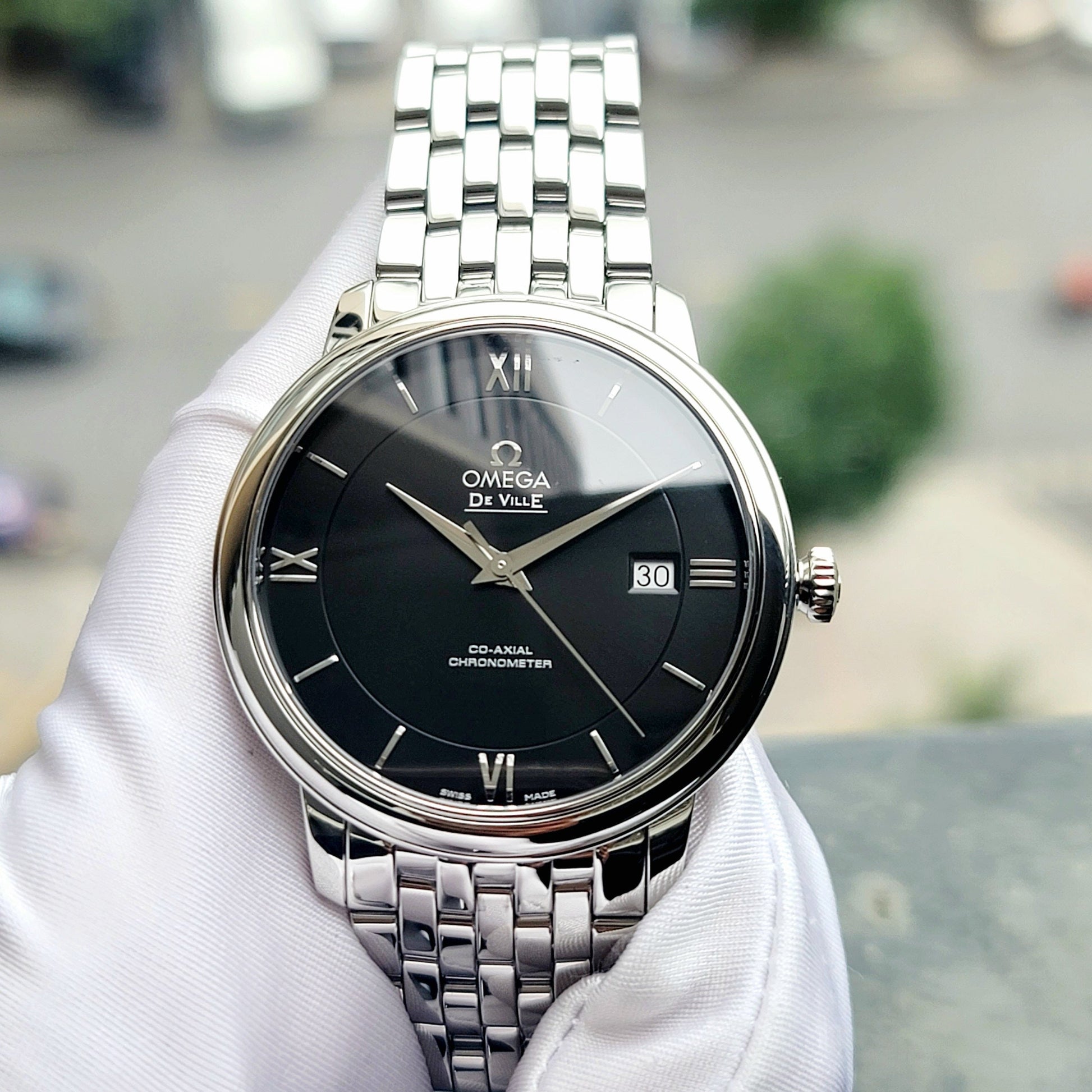  Shop Authentic Omega De Ville Prestige Co-Axial Black Dial Silver Steel Strap Watch for Men - 424.10.40.20.01.001 - Luxxuri