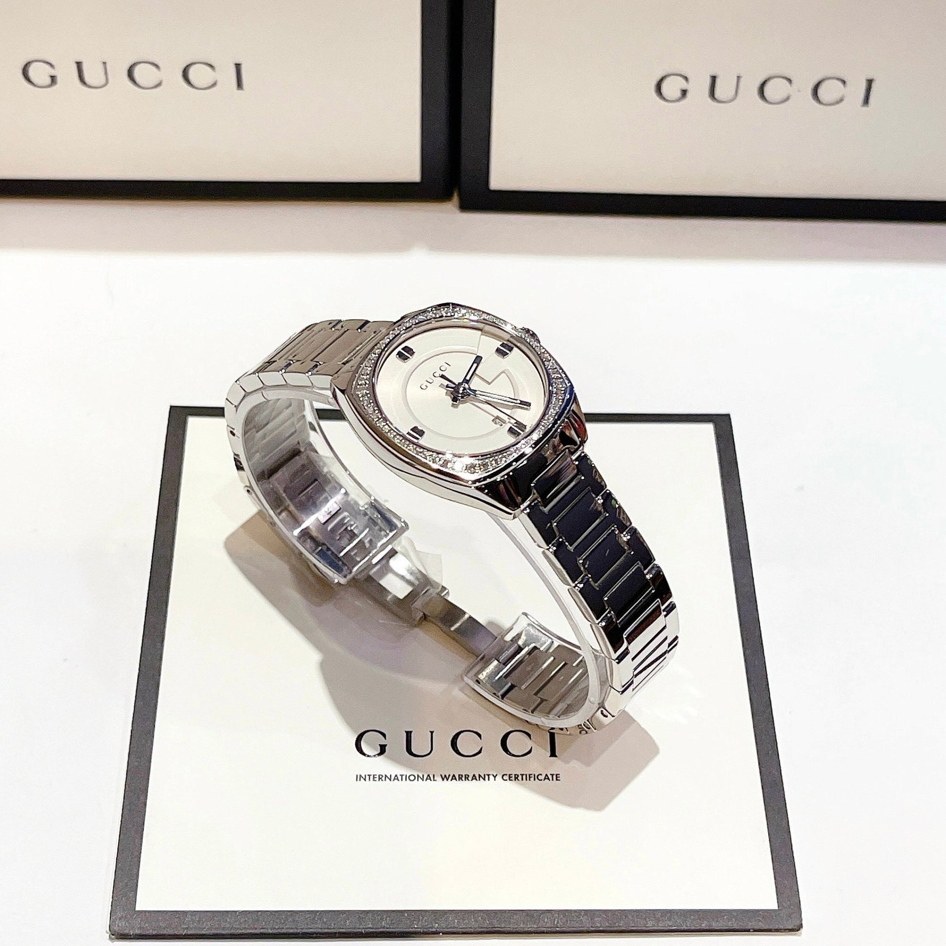  Shop Authentic Gucci GG2570 Diamonds White Dial Silver Steel Strap Watch For Women - YA142506 - Luxxuri