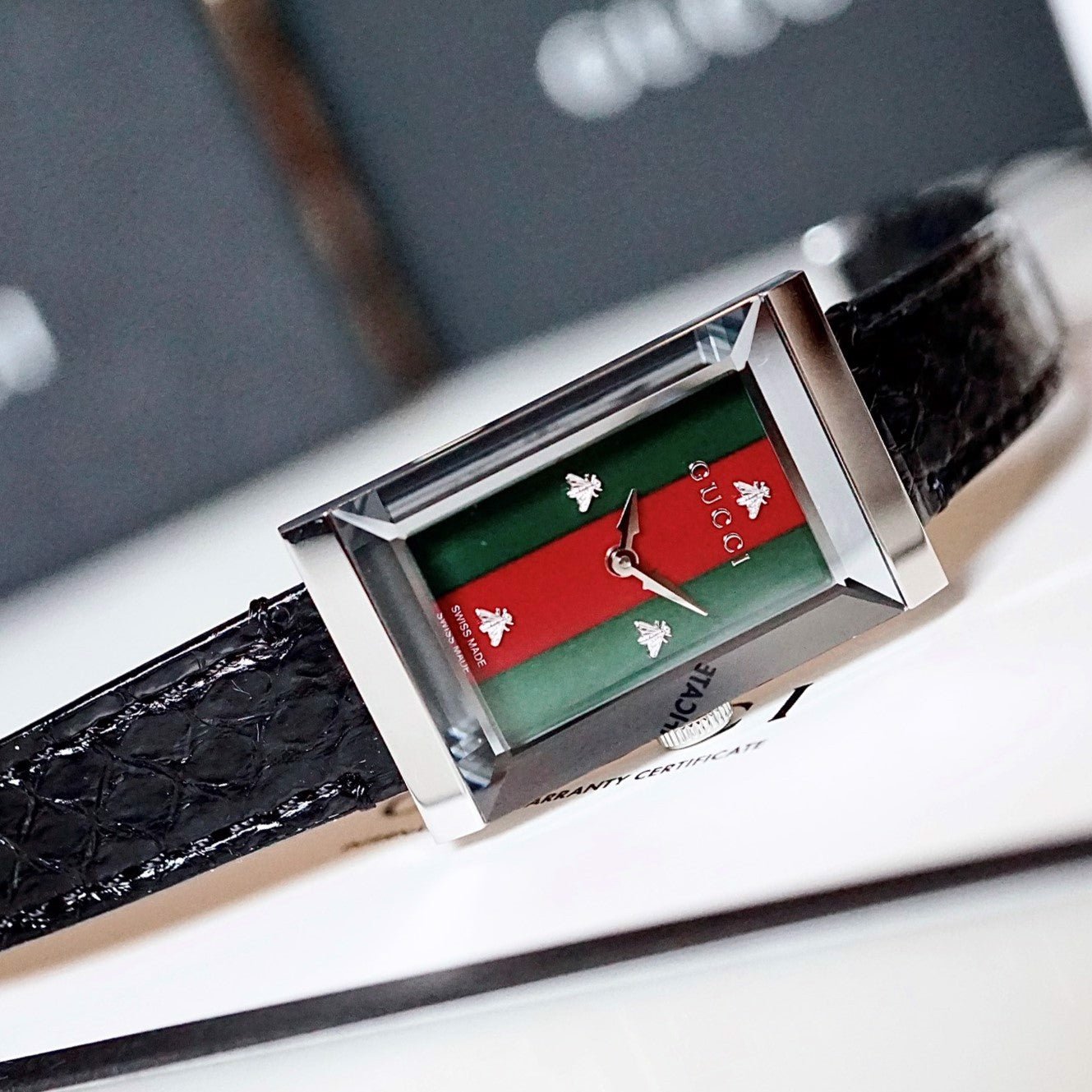  Shop Authentic Gucci G-Frame Mother of Pearl Green & Red Dial Black Leather Strap Watch For Women - YA147403 - Luxxuri
