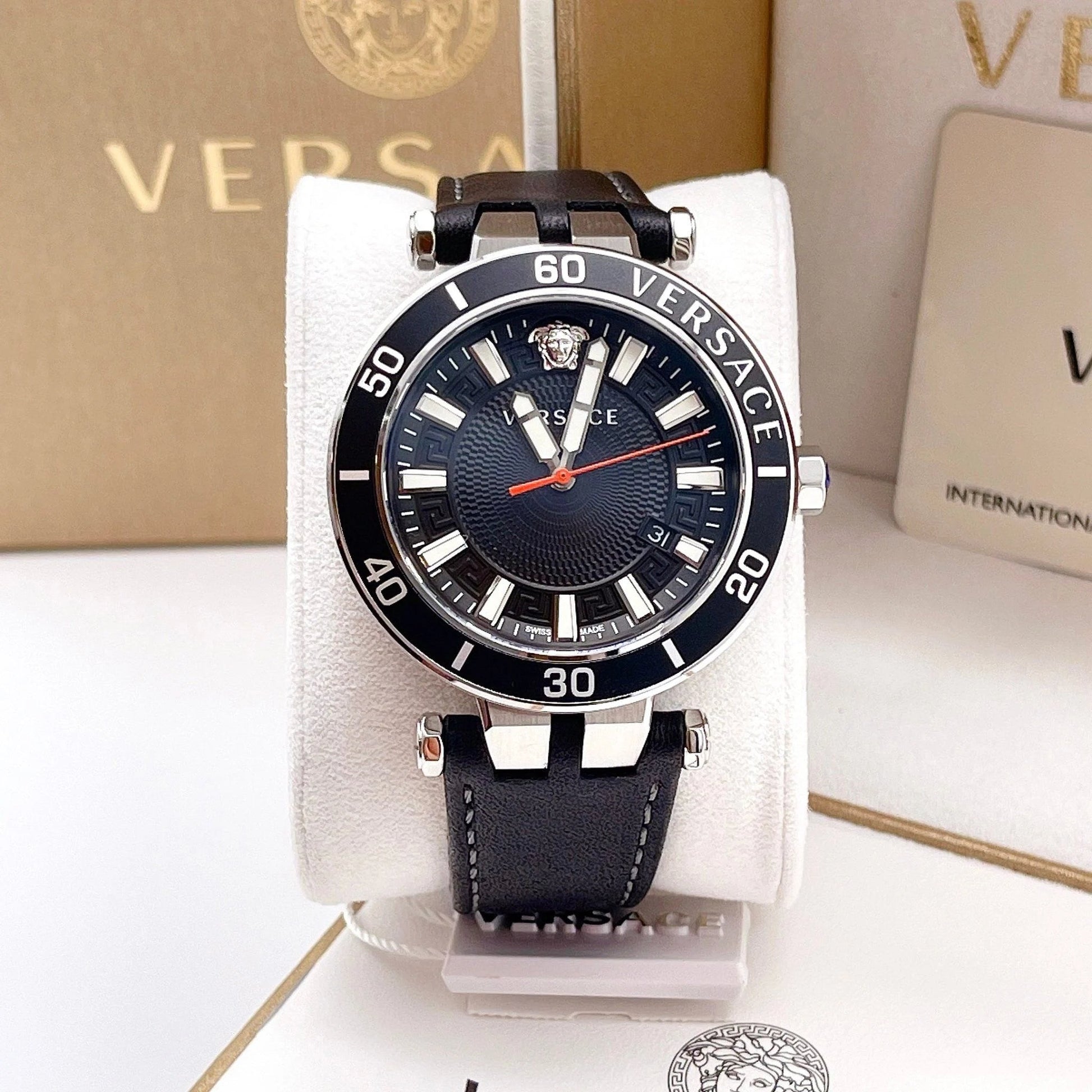  Shop Authentic Versace Greca Sport Quartz Black Dial Black Leather Strap Watch For Men - VEZ300221 - Luxxuri