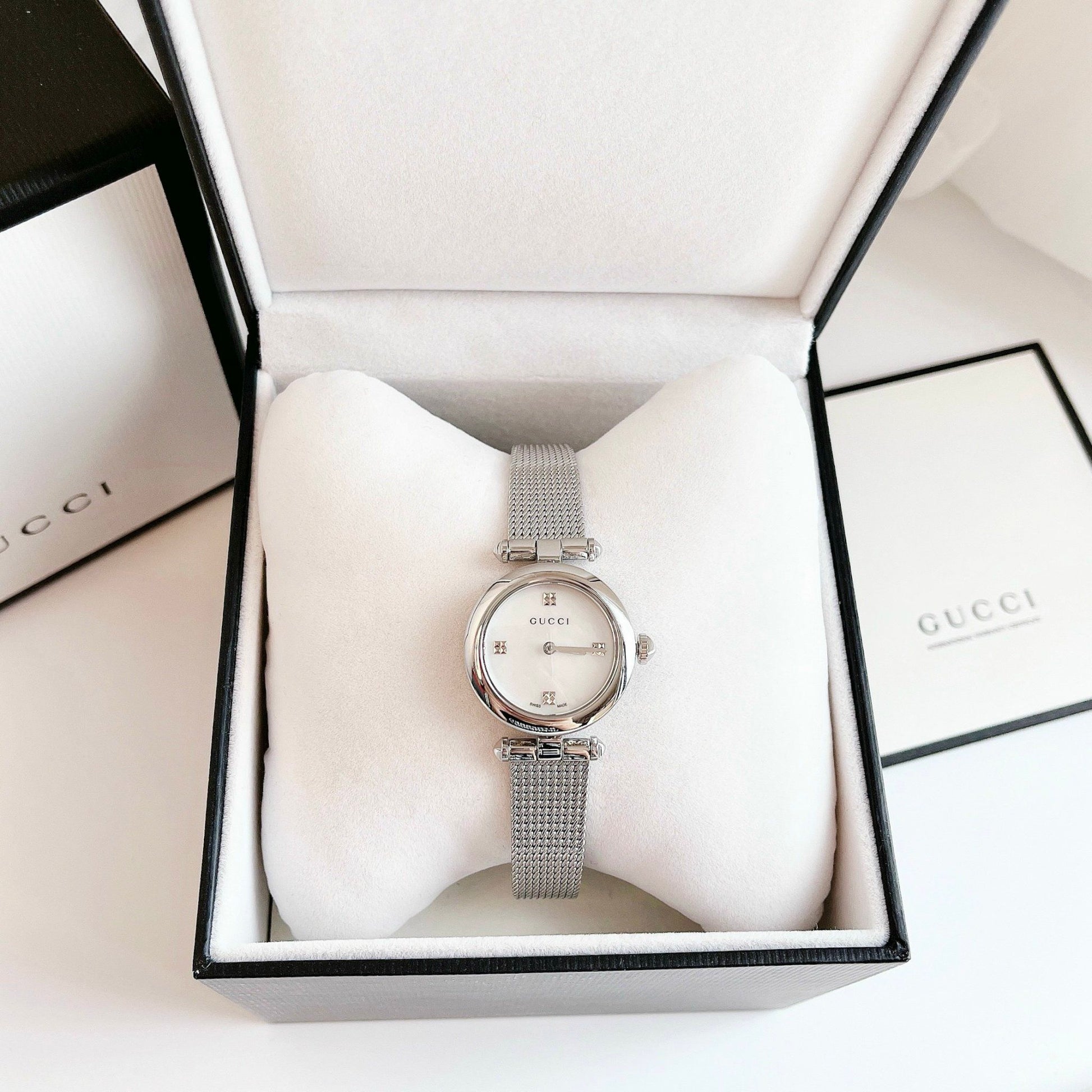  Shop Authentic Gucci Diamantissima Quartz Diamonds Mother of Pearl Dial Silver Mesh Bracelet Watch for Women - YA141504 - Luxxuri