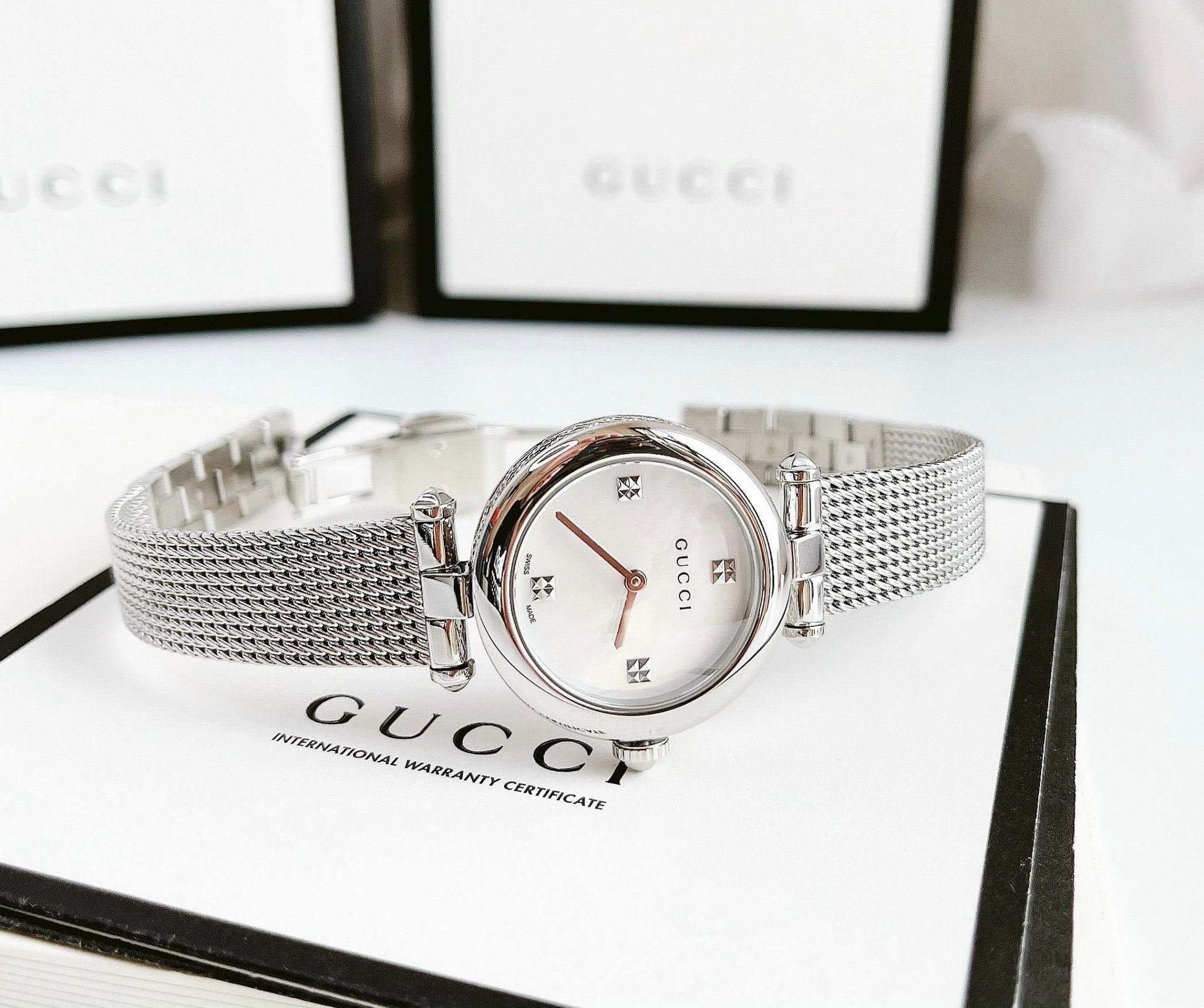  Shop Authentic Gucci Diamantissima Quartz Diamonds Mother of Pearl Dial Silver Mesh Bracelet Watch for Women - YA141504 - Luxxuri