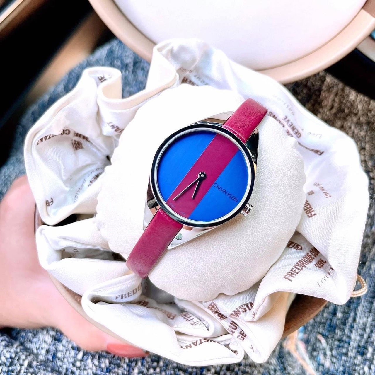  Shop Authentic Calvin Klein Rebel Blue Maroon Dial Maroon Leather Strap Watch for Women - K8P231UN - Luxxuri