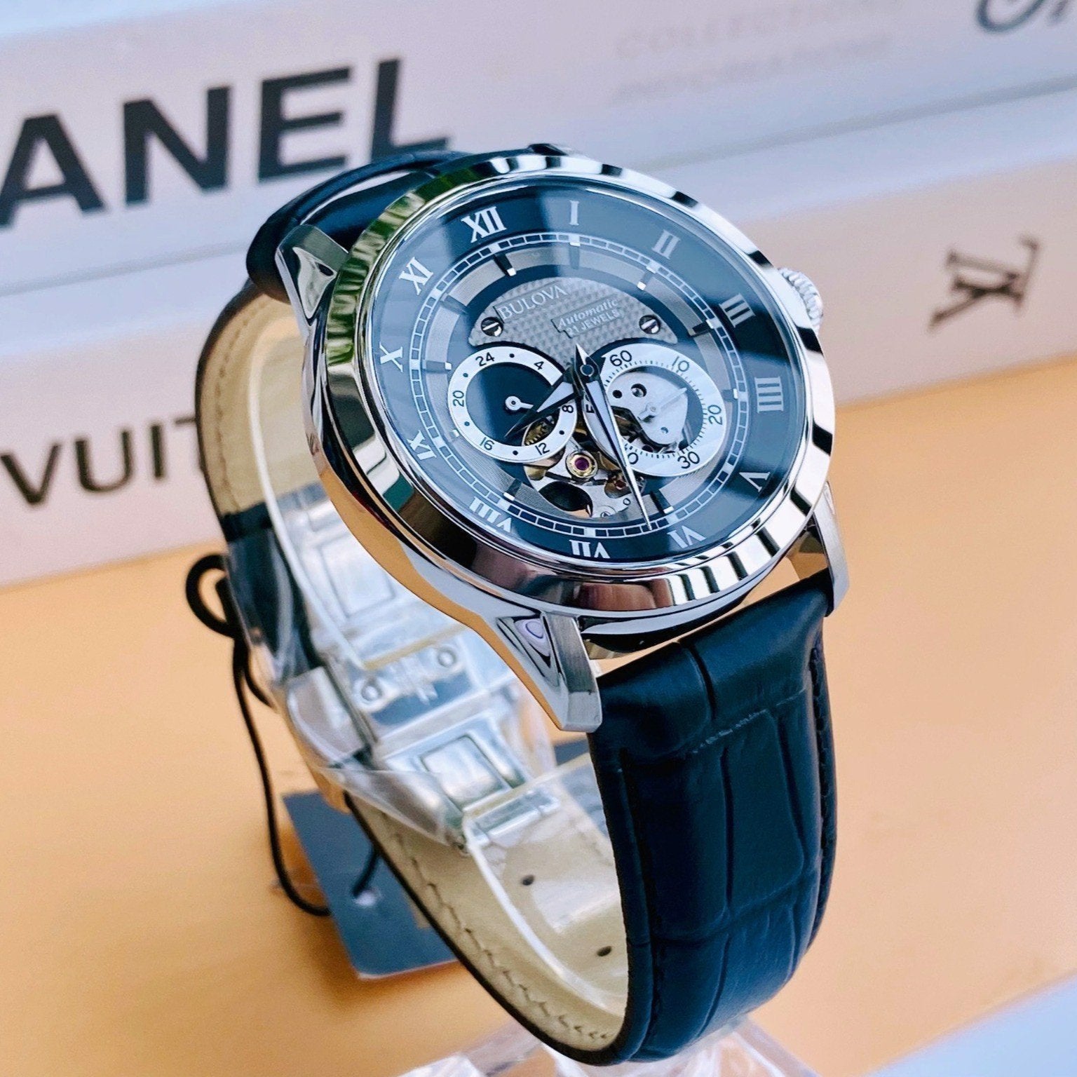  Shop Authentic Bulova BVA Classic Automatic Silver Dial Black Leather Strap Watch for Men - 96A135 - Luxxuri