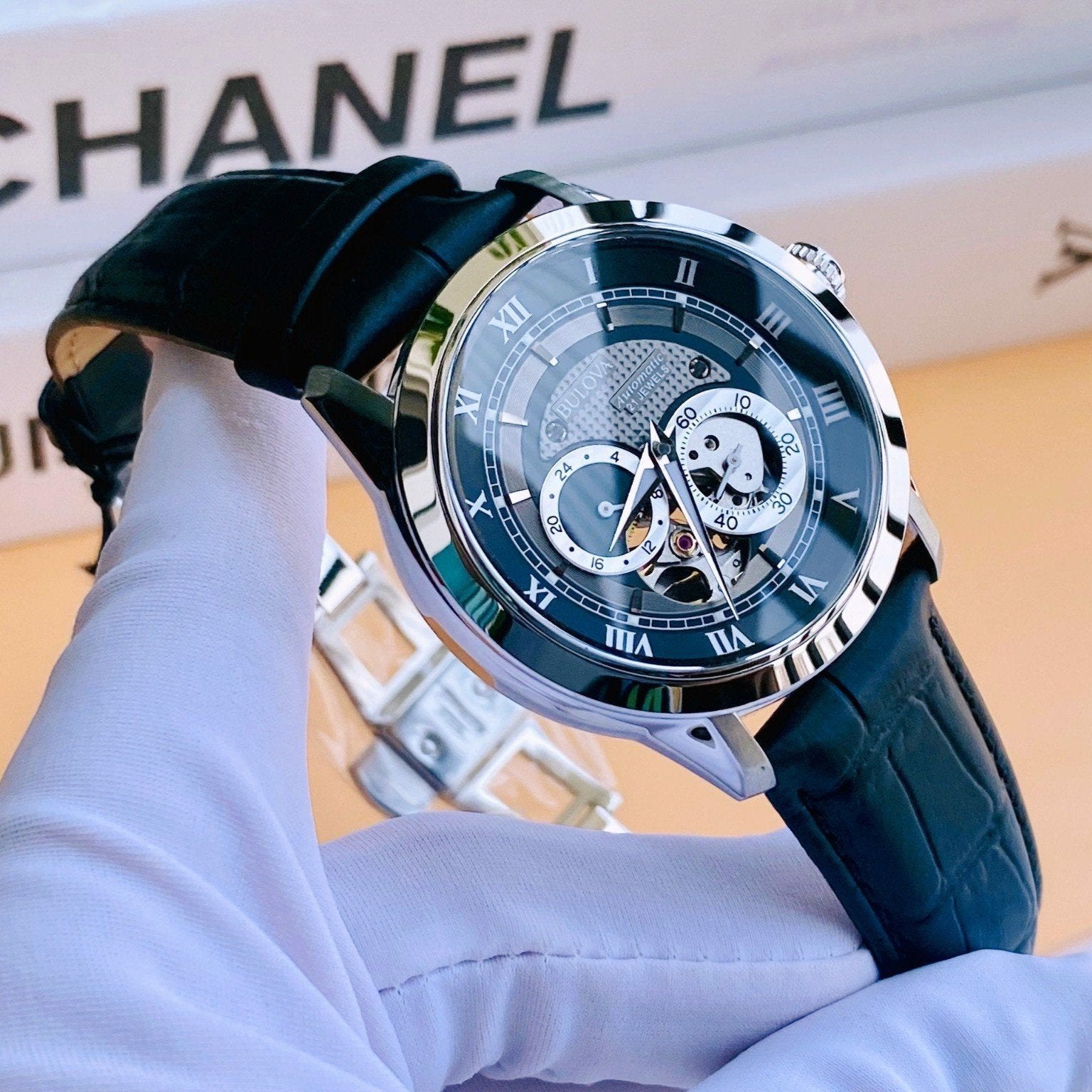 Bulova BVA Classic Automatic Silver Dial Black Leather Strap Watch for Men - 96A135