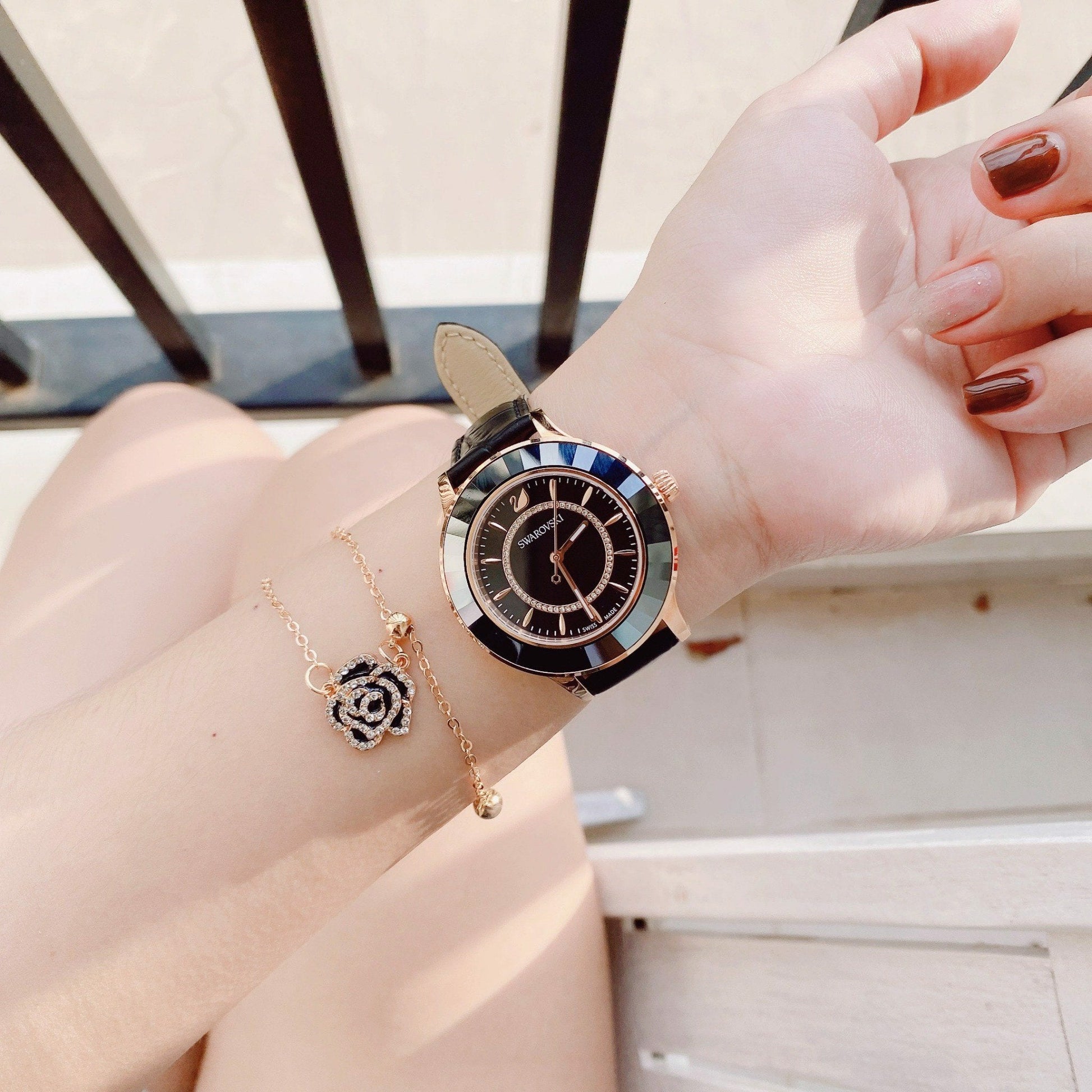  Shop Authentic Swarovski Octea Lux Black Dial Black Leather Strap Watch for Women - 5414410 - Luxxuri