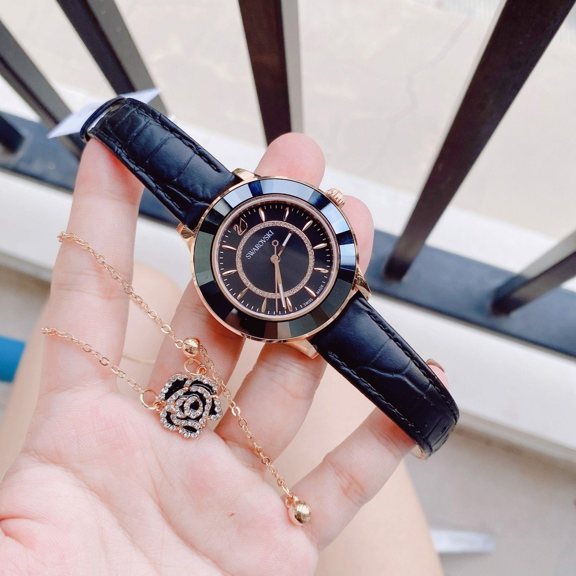  Shop Authentic Swarovski Octea Lux Black Dial Black Leather Strap Watch for Women - 5414410 - Luxxuri