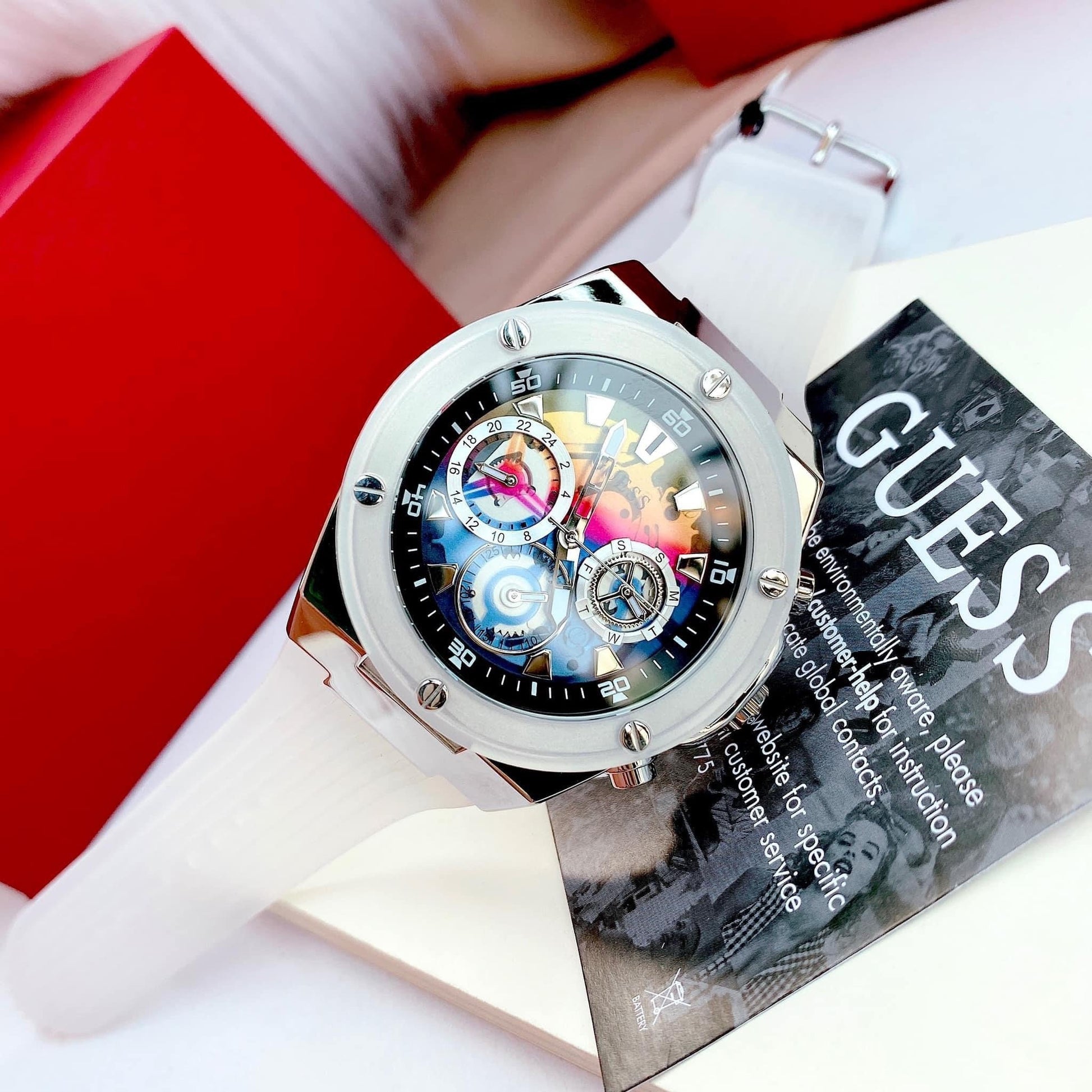  Shop Authentic Guess Poseidon Chronograph Rainbow Dial White Silicone Strap Watch For Men - GW0425G4 - Luxxuri