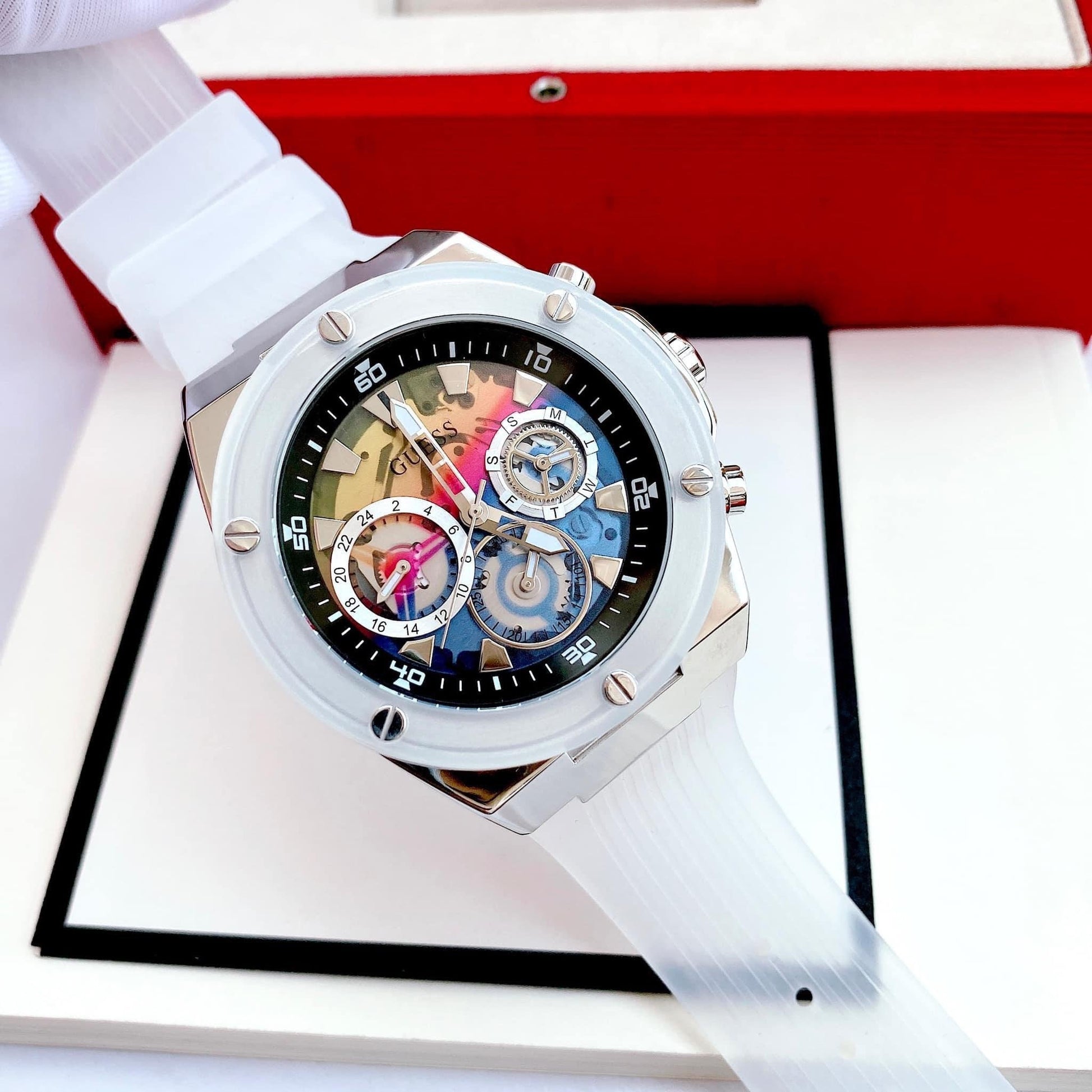 Shop Authentic Guess Poseidon Chronograph Rainbow Dial White Silicone Strap Watch For Men - GW0425G4 - Luxxuri
