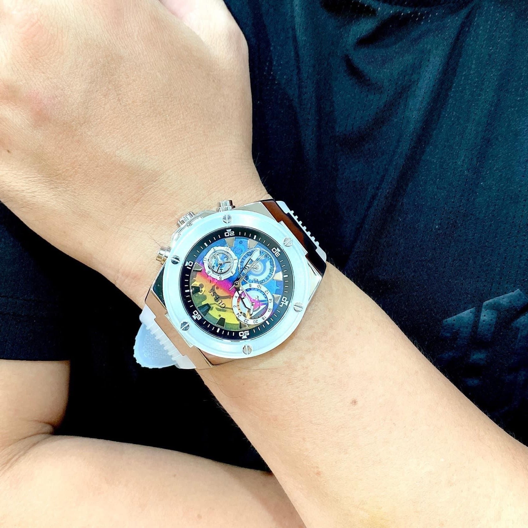  Shop Authentic Guess Poseidon Chronograph Rainbow Dial White Silicone Strap Watch For Men - GW0425G4 - Luxxuri