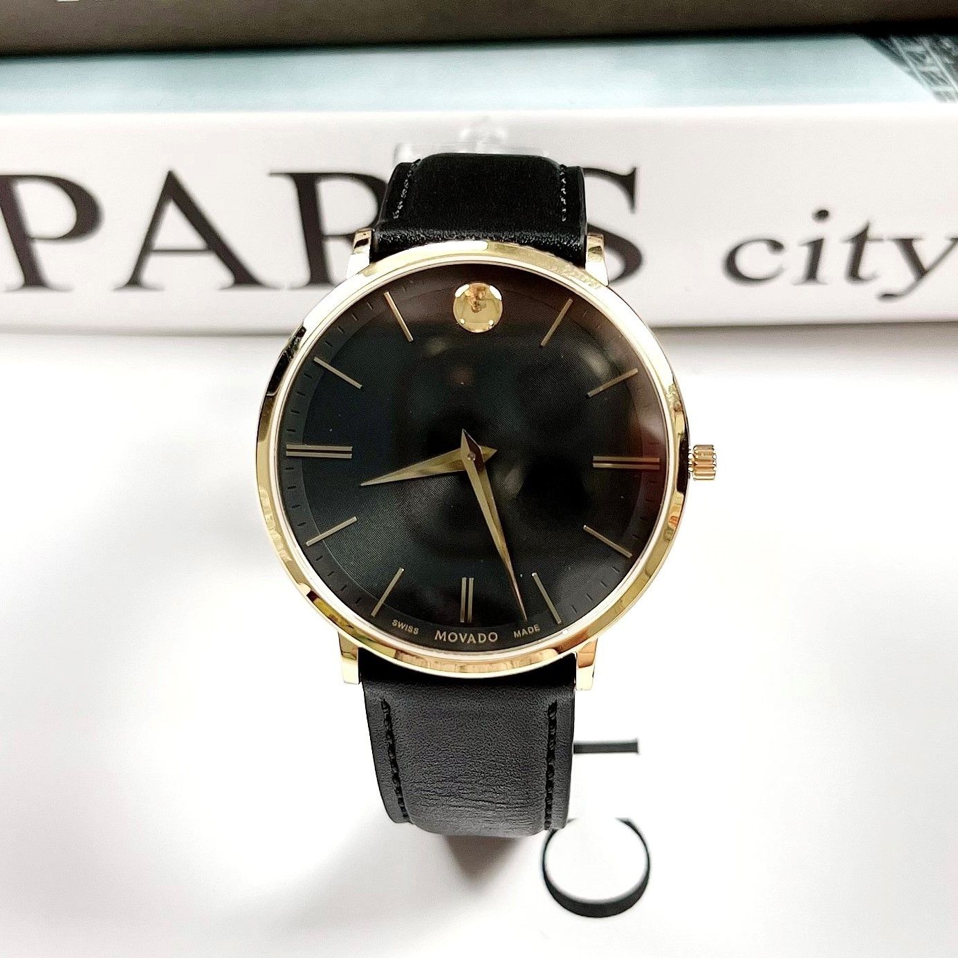 Movado Ultra Slim Black Dial Black Leather Strap Watch For Men - 0607087