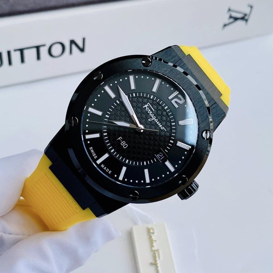  Shop Authentic Salvatore Ferragamo F-80 Classic Black Dial Yellow Rubber Strap Watch for Men - SFHY01522 - Luxxuri