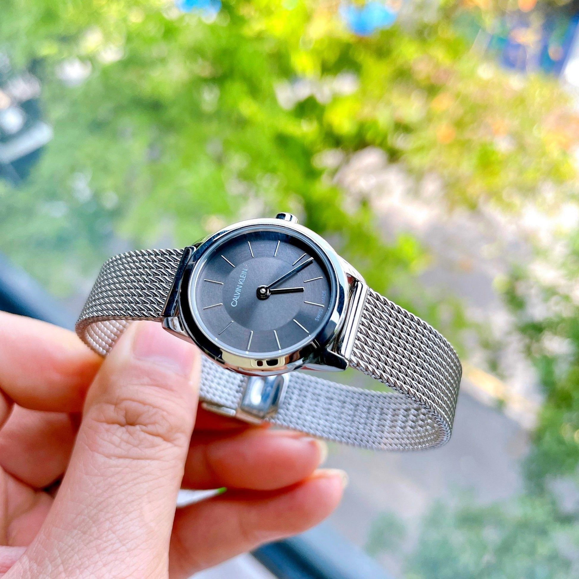 Shop Authentic Calvin Klein Minimal Grey Dial Silver Mesh Bracelet Watch for Women - K3M23124 - Luxxuri