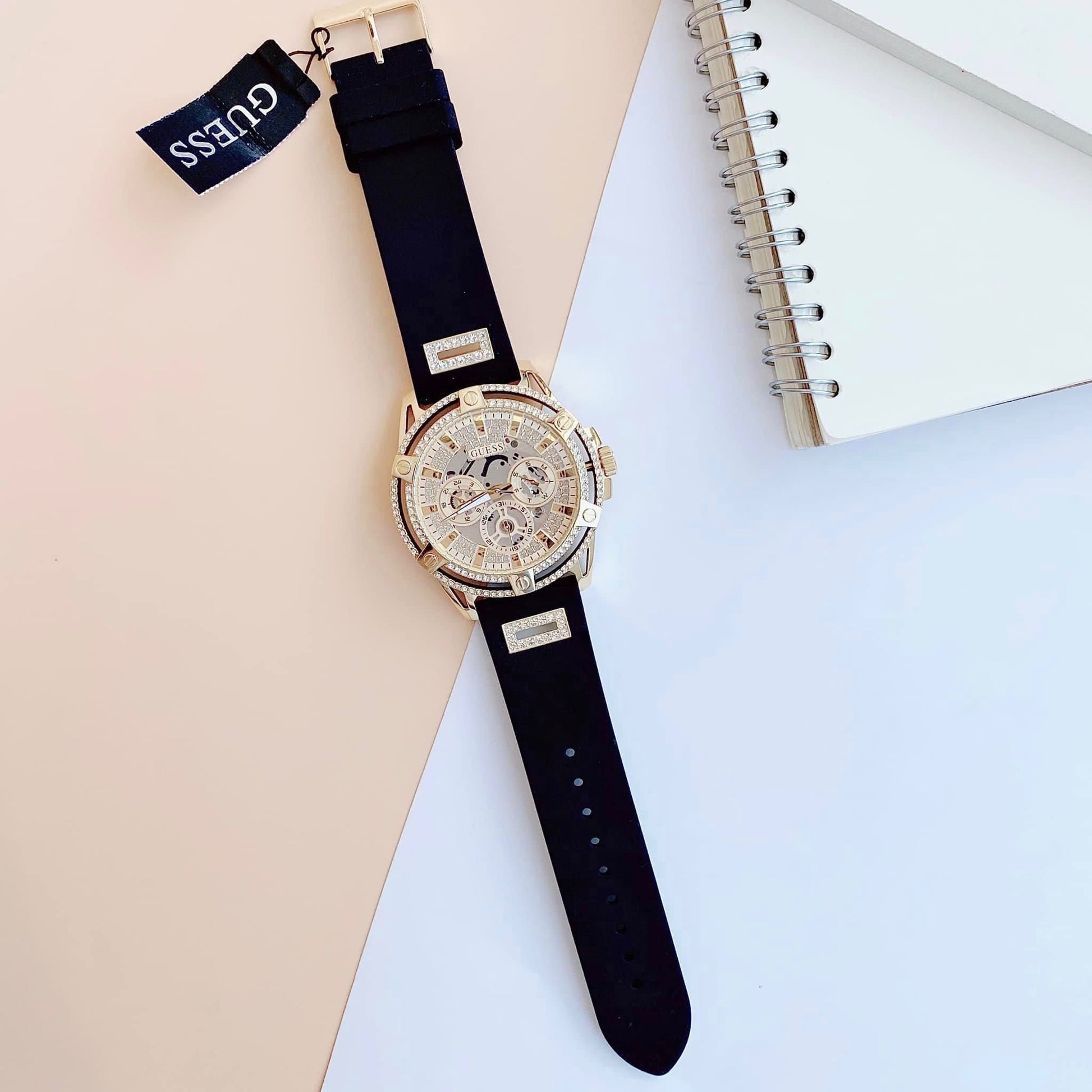  Shop Authentic Guess King Quartz Crystals Gold Dial Black Silicone Strap Watch For Men - GW0537G2 - Luxxuri