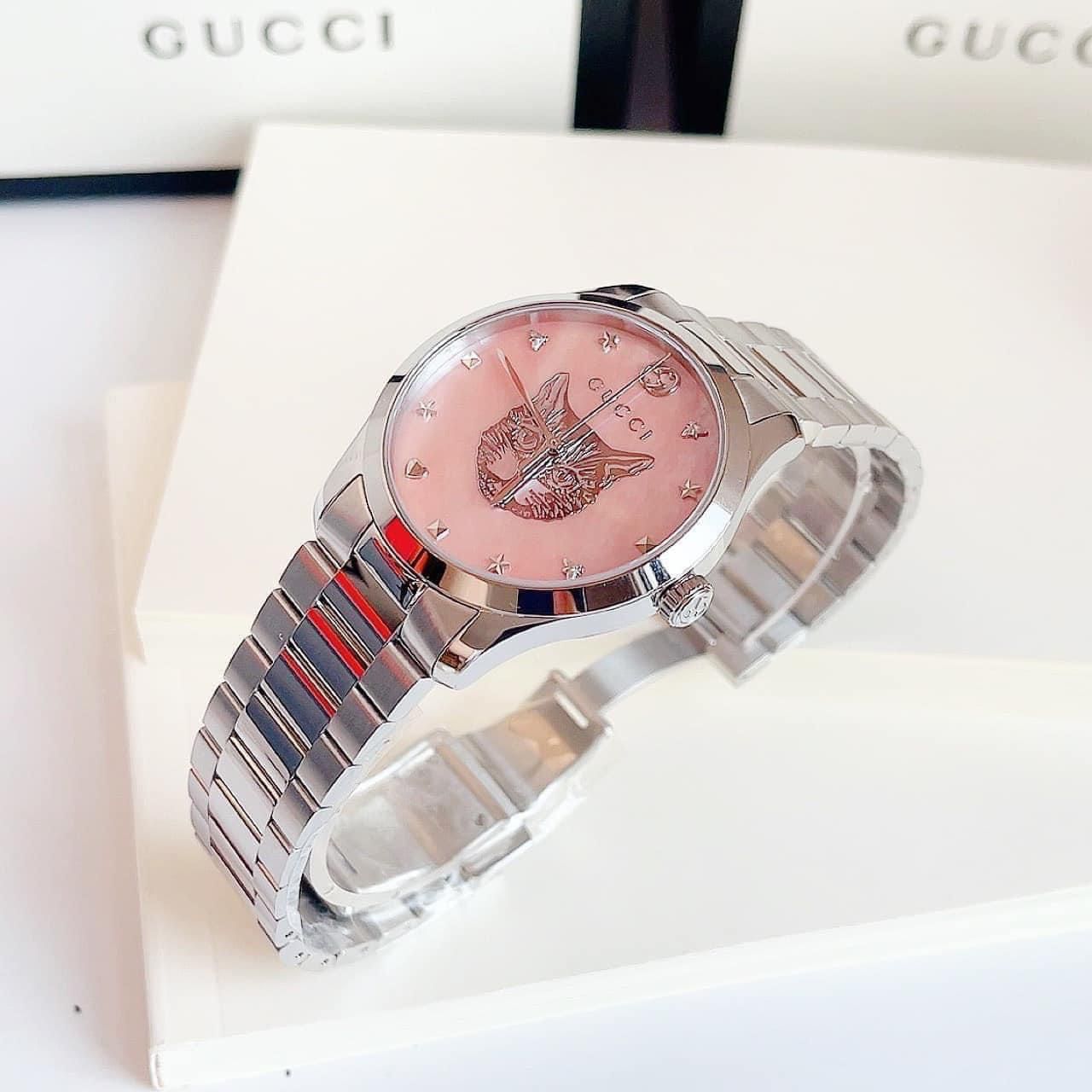  Shop Authentic Gucci G Timeless Quartz Mother of Pearl Pink Dial Silver Steel Strap Watch for Women - YA1264166 - Luxxuri