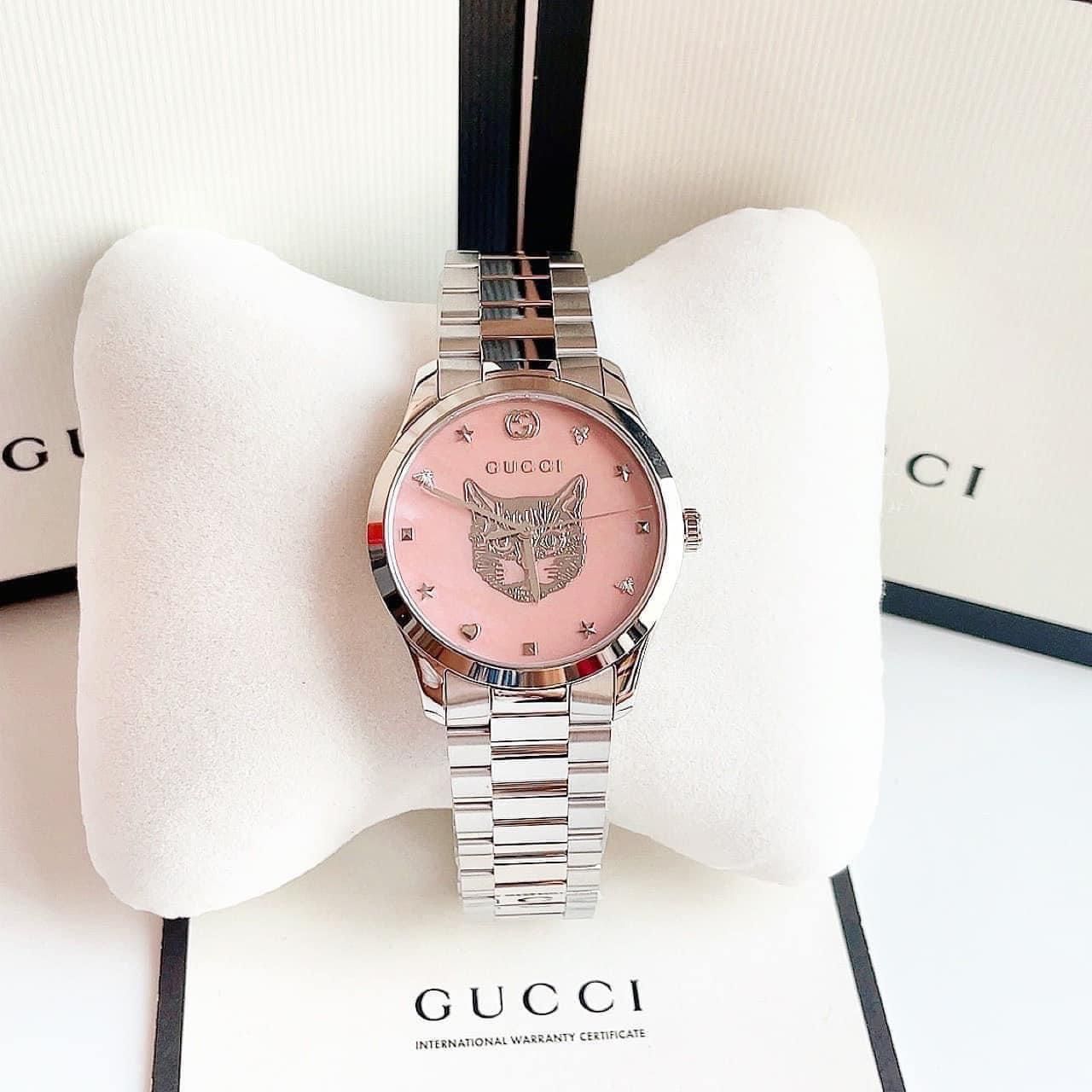  Shop Authentic Gucci G Timeless Quartz Mother of Pearl Pink Dial Silver Steel Strap Watch for Women - YA1264166 - Luxxuri