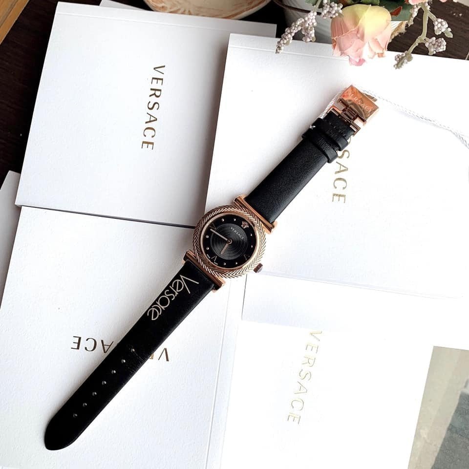  Shop Authentic Versace V-Motif Vintage Logo Black Dial Black Leather Strap Watch for Women - VERE00818 - Luxxuri