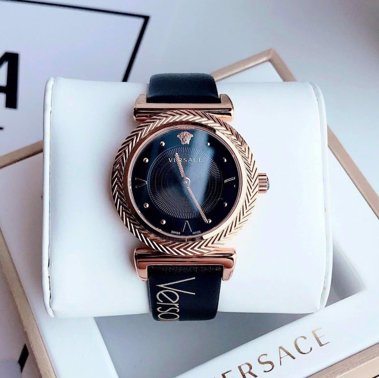  Shop Authentic Versace V-Motif Vintage Logo Black Dial Black Leather Strap Watch for Women - VERE00818 - Luxxuri