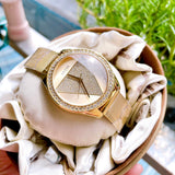  Shop Authentic Guess Tri Glitz Quartz Diamonds Gold Dial Gold Mesh Bracelet Watch For Women - W1142L2 - Luxxuri