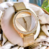  Shop Authentic Guess Tri Glitz Quartz Diamonds Gold Dial Gold Mesh Bracelet Watch For Women - W1142L2 - Luxxuri