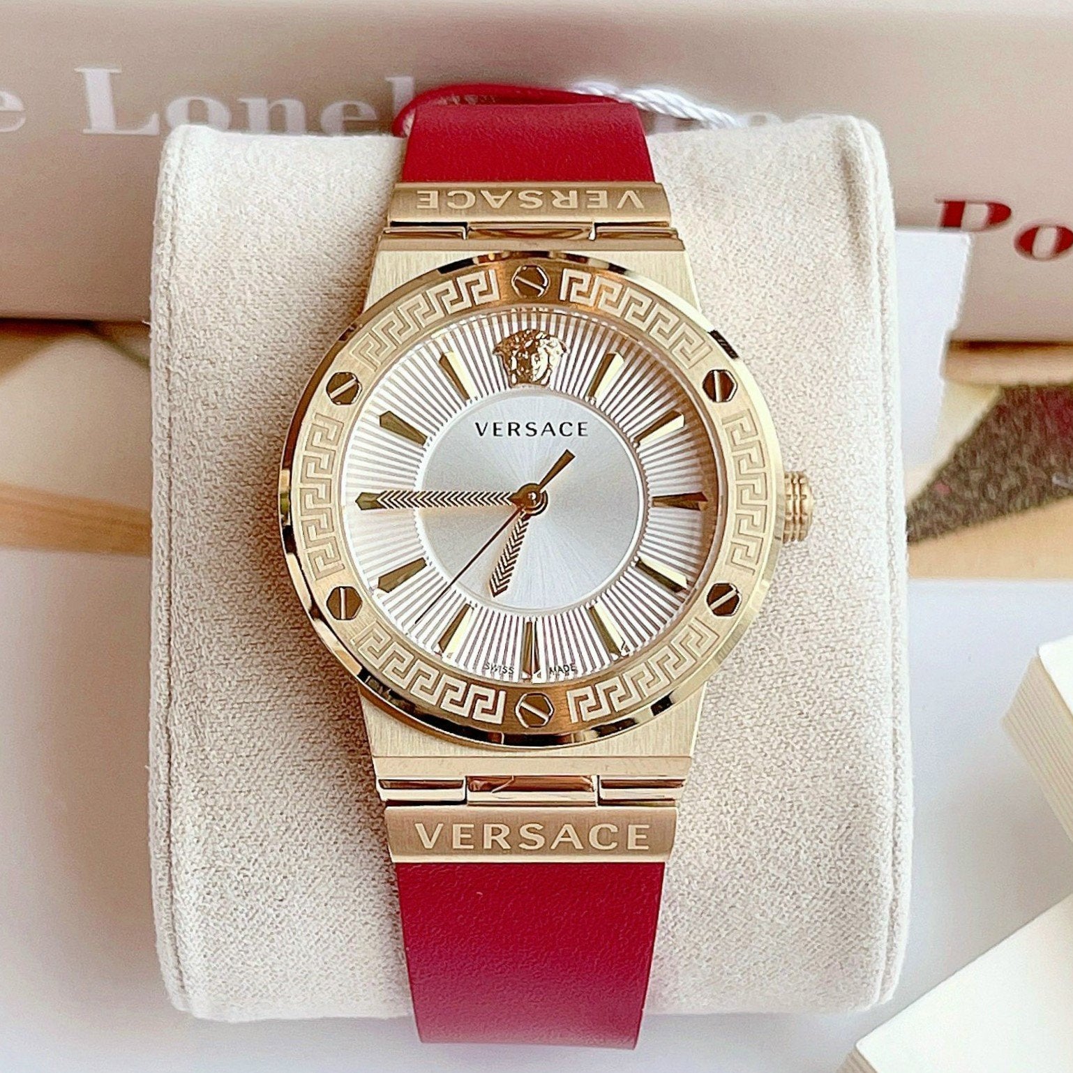  Shop Authentic Versace Greca Silver Dial Red Leather Strap Watch for Women - VEVH00420 - Luxxuri