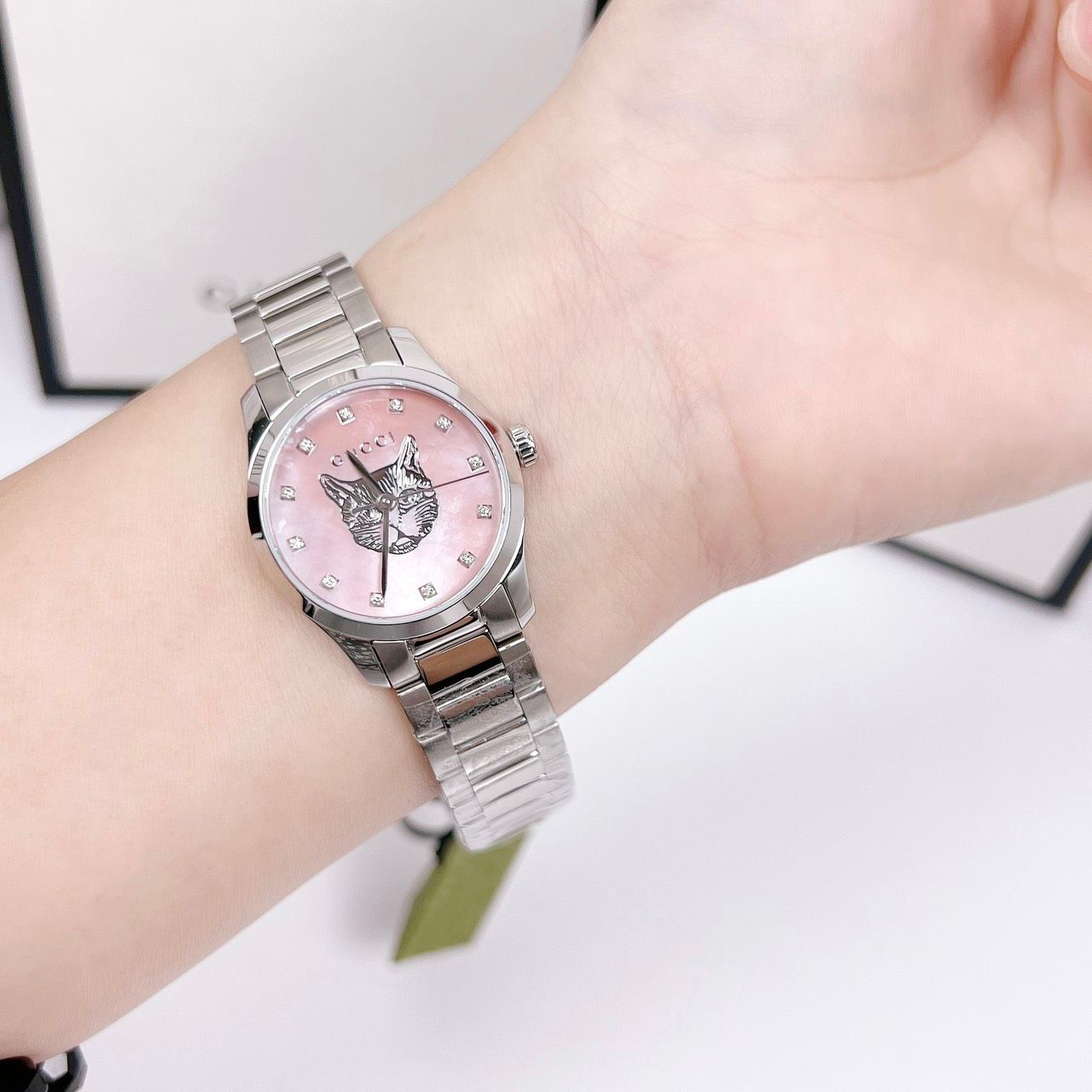  Shop Authentic Gucci G Timeless Quartz Mother of Pearl Pink Dial Silver Steel Strap Watch For Women - YA1265013 - Luxxuri