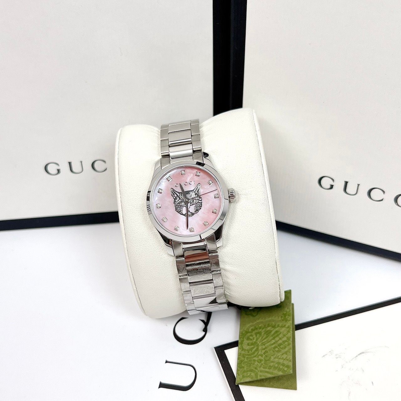  Shop Authentic Gucci G Timeless Quartz Mother of Pearl Pink Dial Silver Steel Strap Watch For Women - YA1265013 - Luxxuri