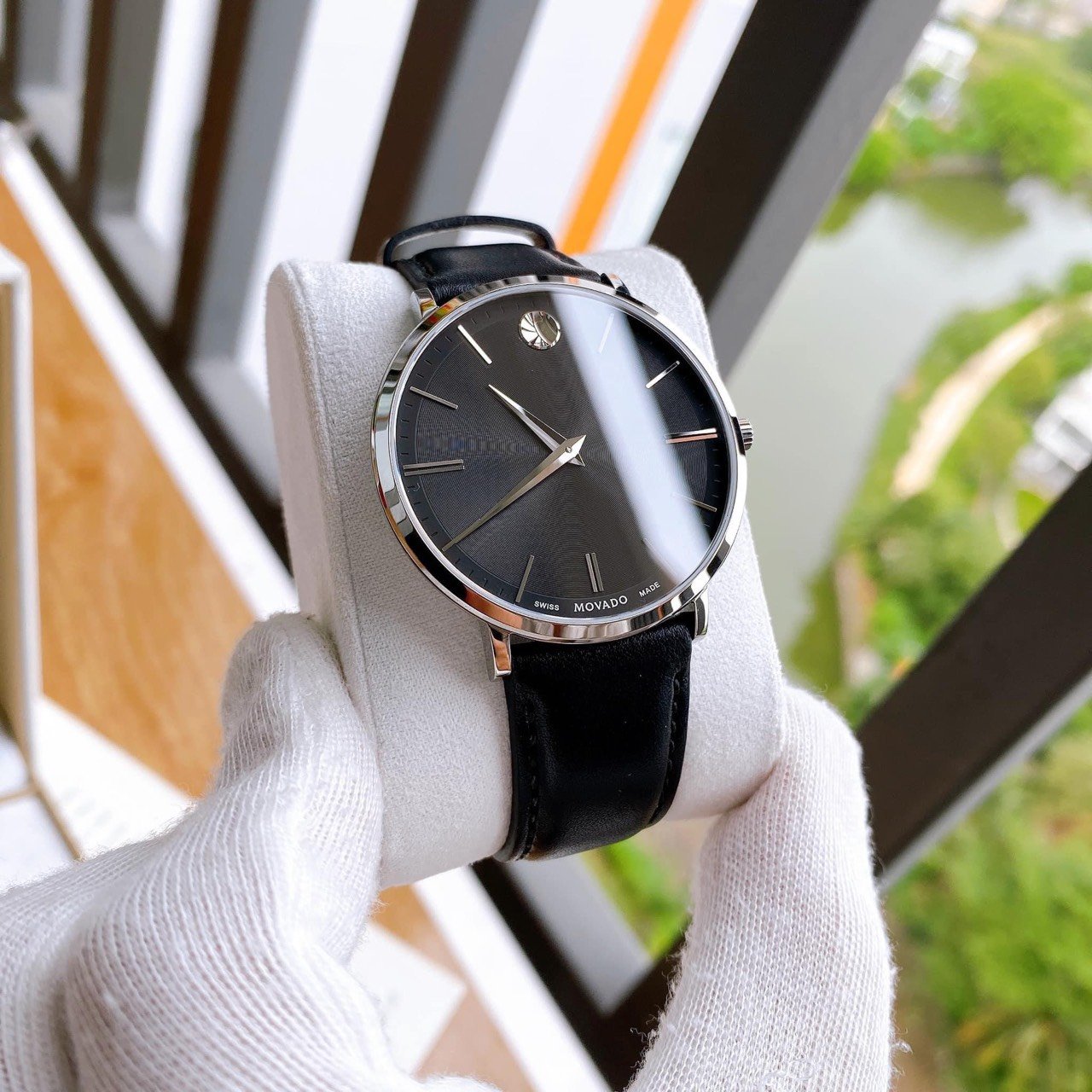  Shop Authentic Movado Ultra Slim Black Dial Black Leather Strap Watch For Men - 0607086 - Luxxuri