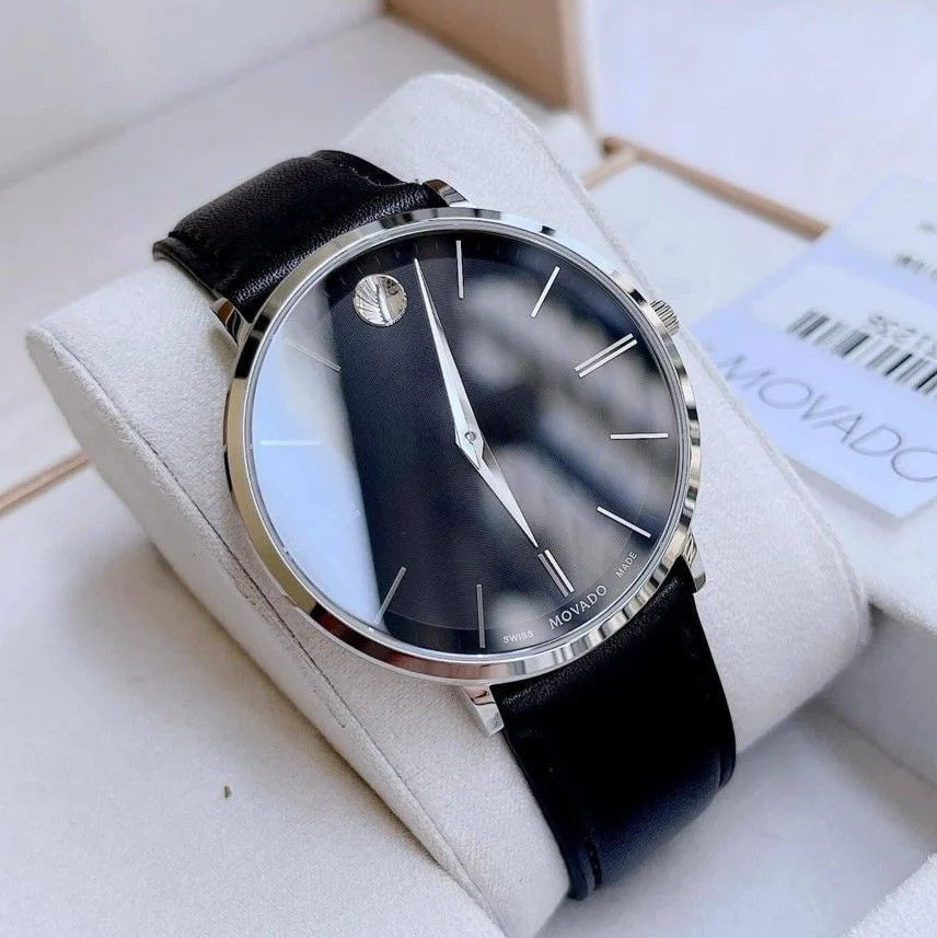  Shop Authentic Movado Ultra Slim Black Dial Black Leather Strap Watch For Men - 0607086 - Luxxuri