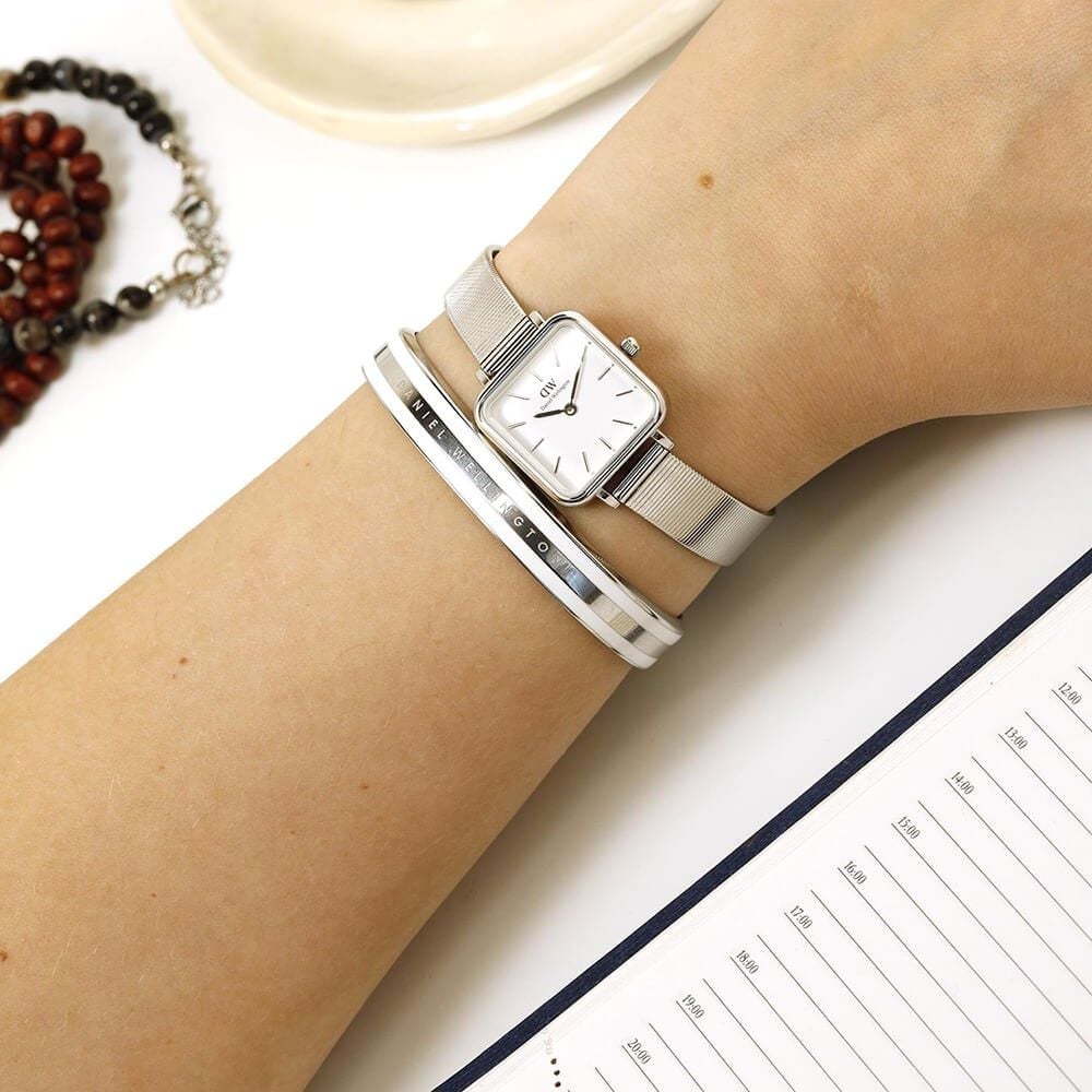 Daniel Wellington Quadro Studio White Dial Silver Mesh Bracelet Watch For Women - DW00100521