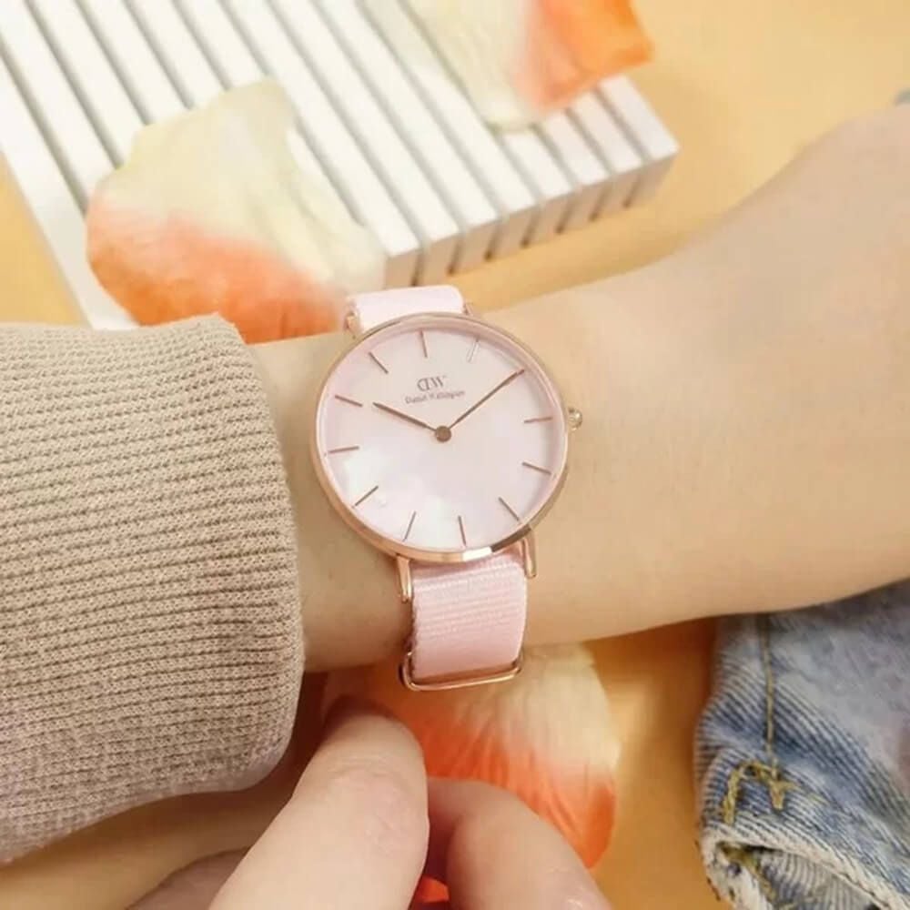  Shop Authentic Daniel Wellington Petite Mother of Pearl Pink Dial Pink Nylon Strap Watch For Women - DW00100512 - Luxxuri
