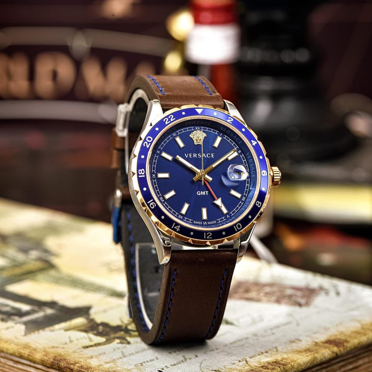  Shop Authentic Versace Hellenyium GMT Blue Dial Brown Leather Strap Watch for Men - V11080017 - Luxxuri