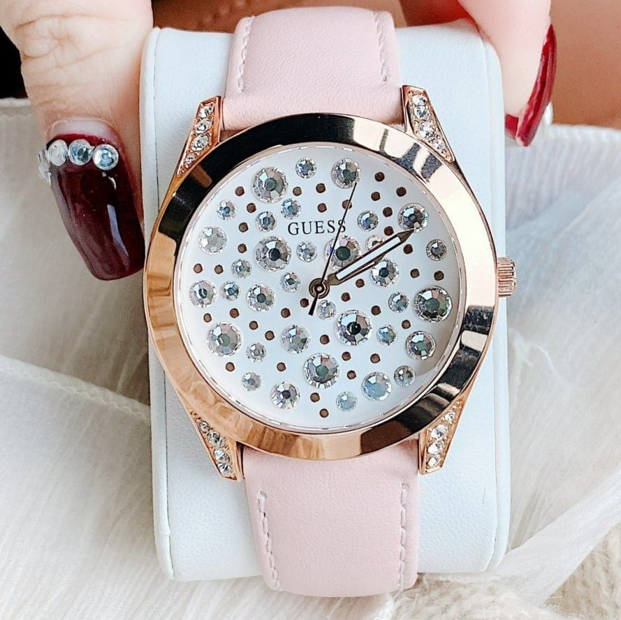  Shop Authentic Guess Wonderlust Beige Dial Pink Leather Strap Watch for Women - W1065L1 - Luxxuri