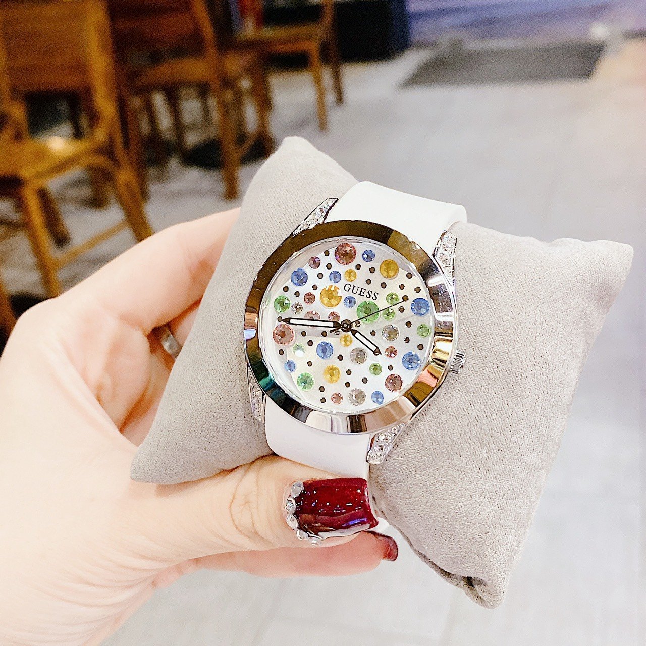 Guess Wanderlust Crystals Silver Dial White Rubber Strap Watch for Women - W1059L1