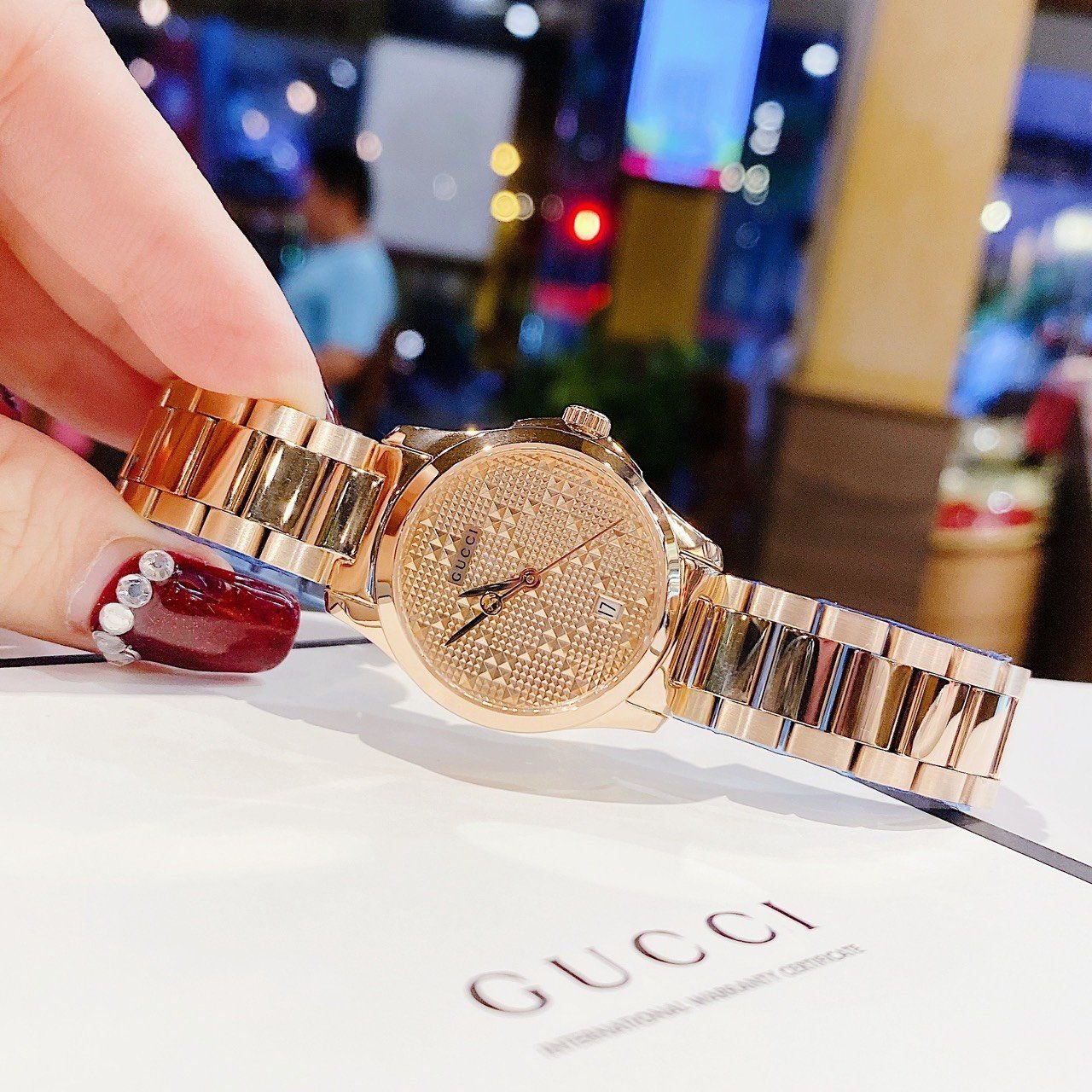  Shop Authentic Gucci G Timeless Quartz Rose Gold Dial Rose Gold Steel Strap Watch For Women - YA126567 - Luxxuri