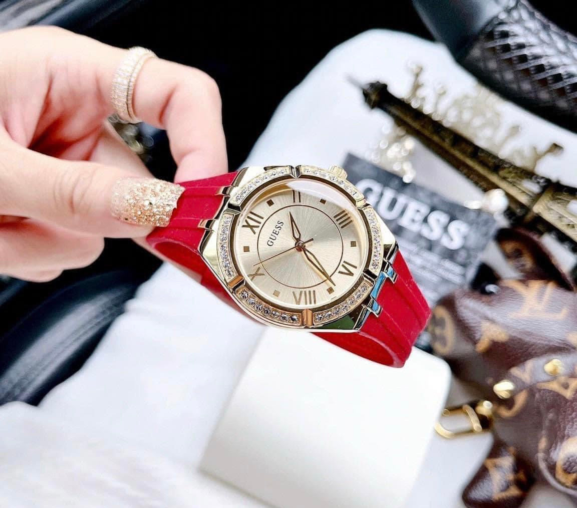  Shop Authentic Guess Cosmo Diamonds Gold Dial Red Rubber Strap Watch for Women - GW0034L6 - Luxxuri