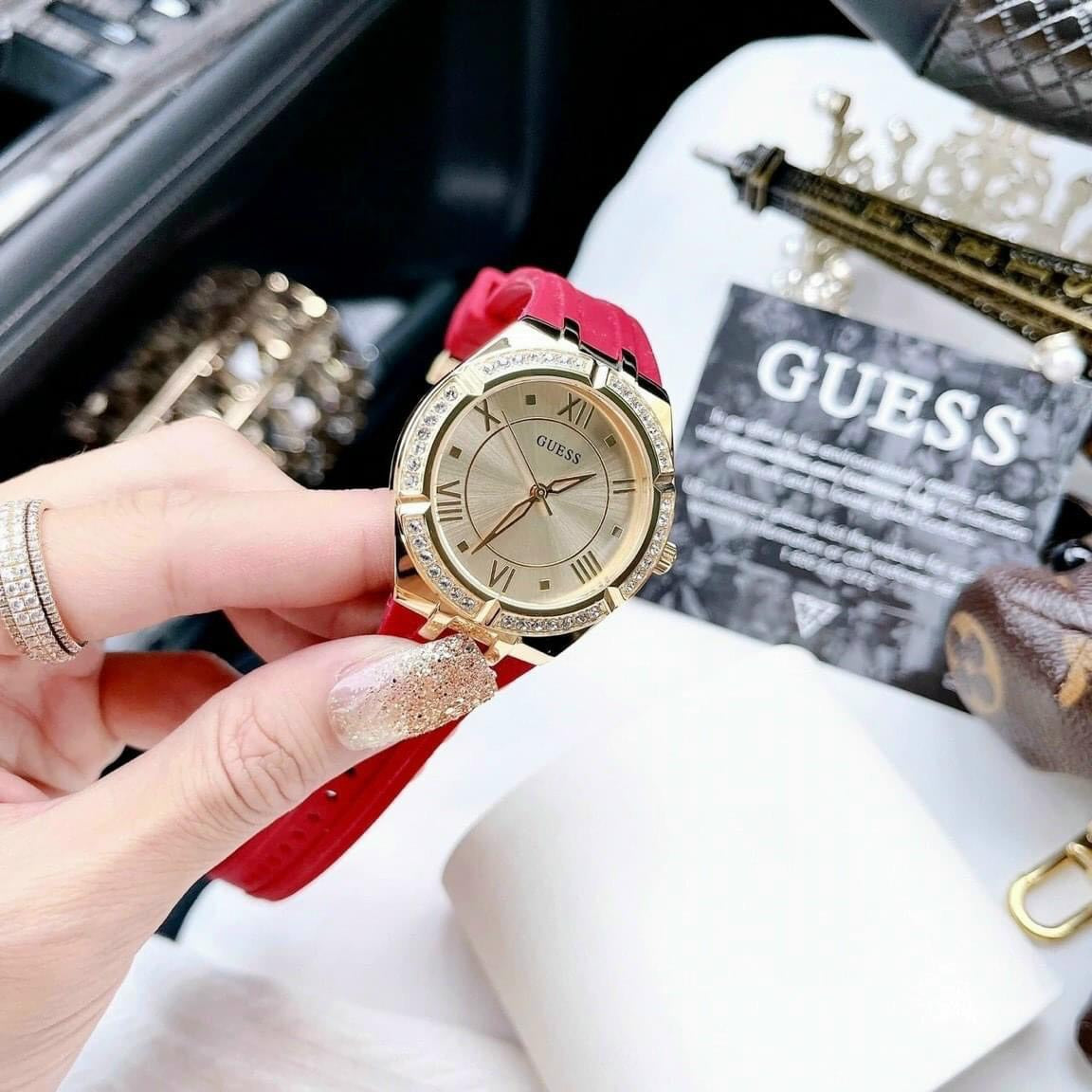  Shop Authentic Guess Cosmo Diamonds Gold Dial Red Rubber Strap Watch for Women - GW0034L6 - Luxxuri