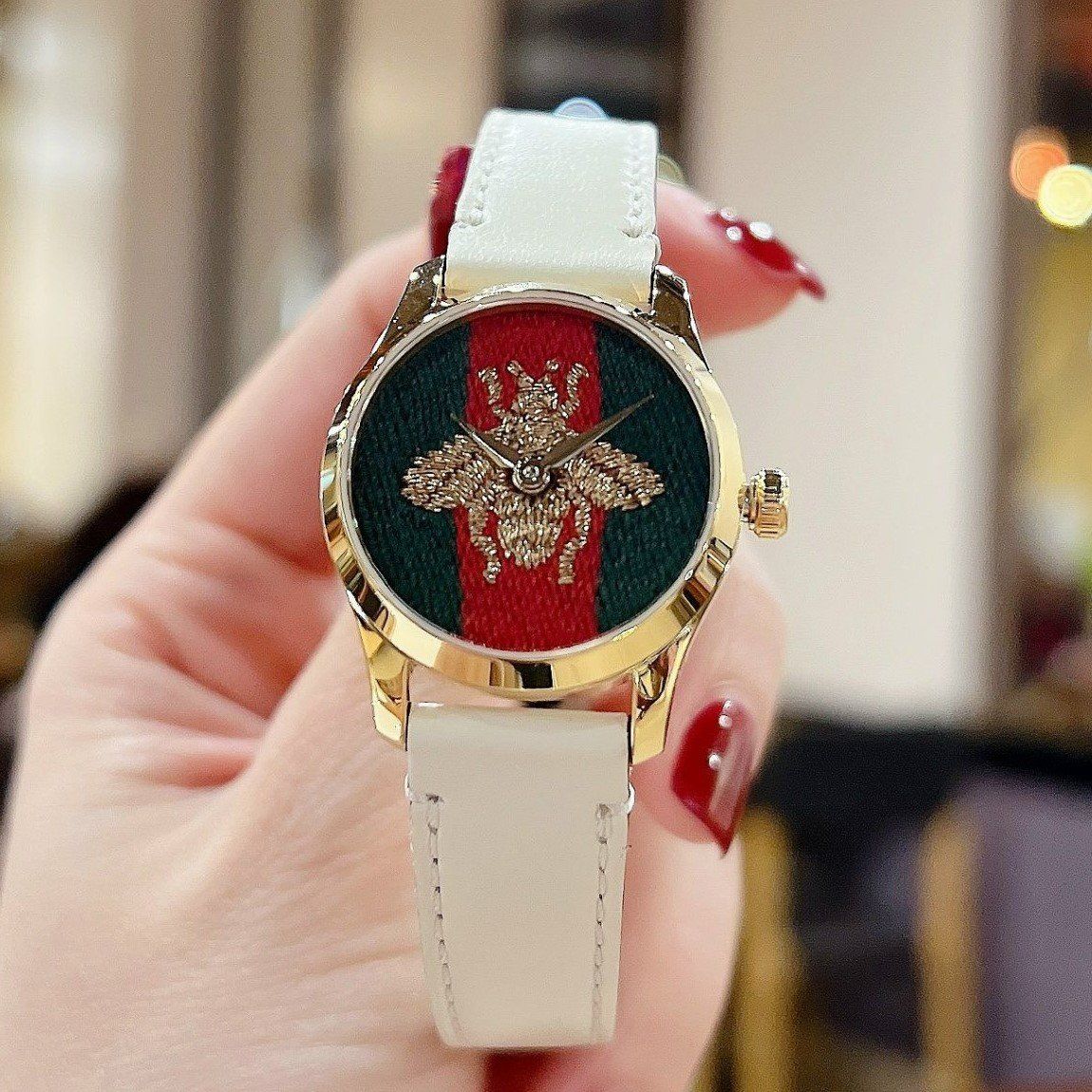  Shop Authentic Gucci G Timeless Quartz Red & Green Dial Beige Leather Strap Watch For Women - YA1265009 - Luxxuri