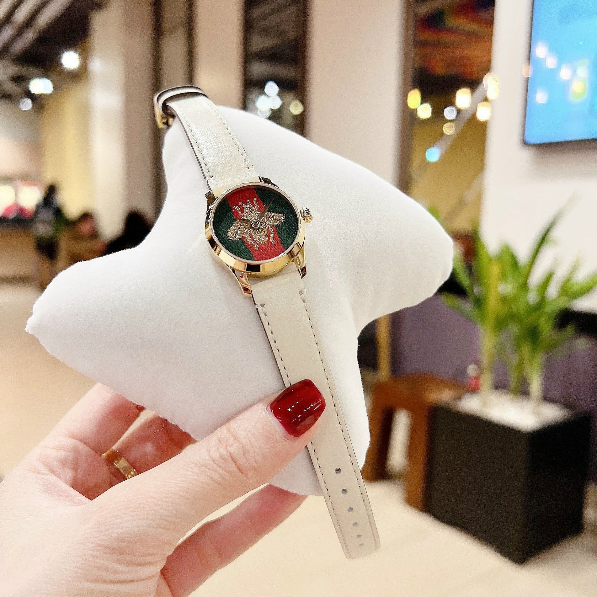  Shop Authentic Gucci G Timeless Quartz Red & Green Dial Beige Leather Strap Watch For Women - YA1265009 - Luxxuri