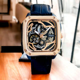  Shop Authentic Fossil Inscription Automatic Skeleton Rose Gold Dial Black Leather Strap Watch for Men - BQ2572 - Luxxuri